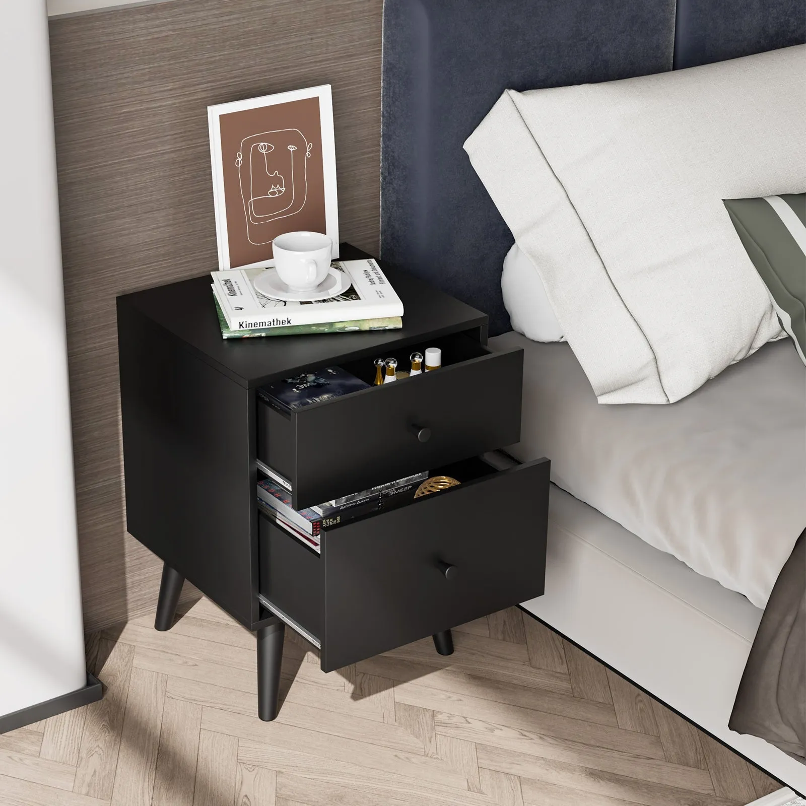 2-Drawer Nightstand with Solid Rubber Wood Legs and Large Storage Space-Black