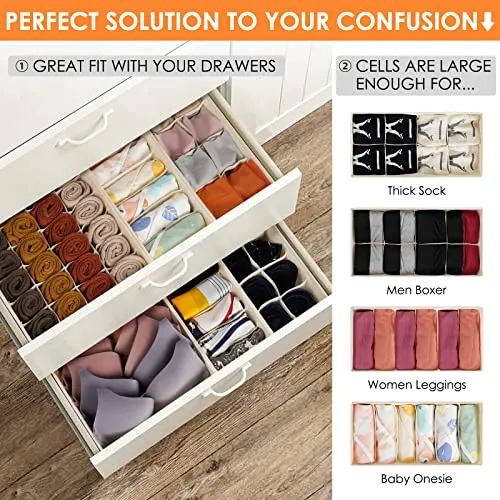 6 Pack Sock Underwear Drawer Organizer Dividers, 58 Cell Foldable Fabric Dresser Closet Organizers and Storage Bins for Clothing, Baby Clothes, Bra, Panty, Scarf, Ties (Beige)