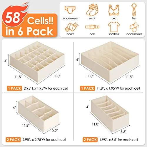 6 Pack Sock Underwear Drawer Organizer Dividers, 58 Cell Foldable Fabric Dresser Closet Organizers and Storage Bins for Clothing, Baby Clothes, Bra, Panty, Scarf, Ties (Beige)