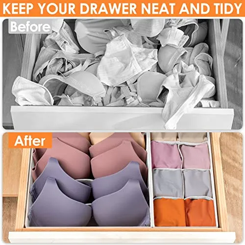 6 Pack Sock Underwear Drawer Organizer Dividers, 58 Cell Foldable Fabric Dresser Closet Organizers and Storage Bins for Clothing, Baby Clothes, Bra, Panty, Scarf, Ties (White)