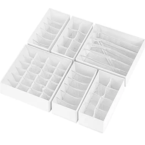 6 Pack Sock Underwear Drawer Organizer Dividers, 58 Cell Foldable Fabric Dresser Closet Organizers and Storage Bins for Clothing, Baby Clothes, Bra, Panty, Scarf, Ties (White)