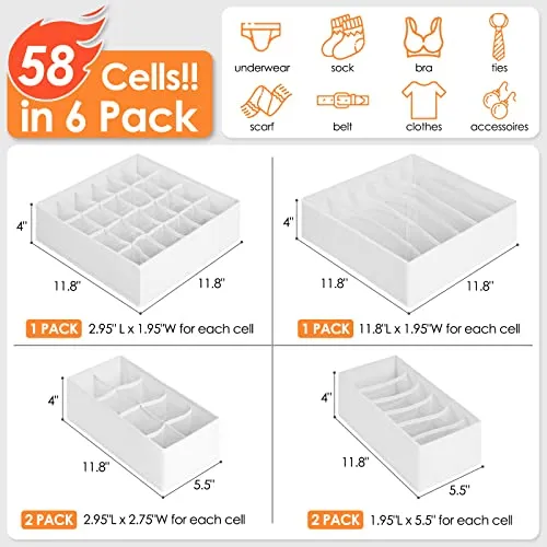 6 Pack Sock Underwear Drawer Organizer Dividers, 58 Cell Foldable Fabric Dresser Closet Organizers and Storage Bins for Clothing, Baby Clothes, Bra, Panty, Scarf, Ties (White)