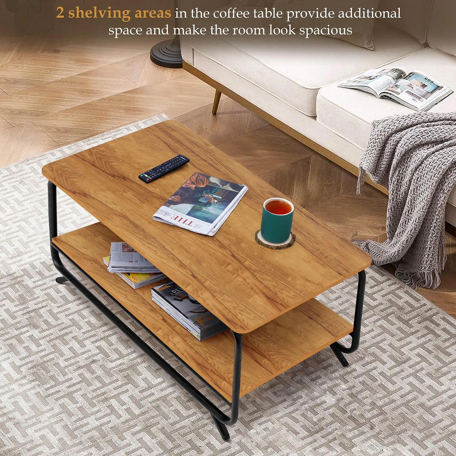 ABOUT SPACE Coffee Table - 2 Tier Space Saving Living Room Furniture Lightweight DIY Sofa Table Center Table with Metal Frame & Adjustable Bushes for Home, Office (Teak Color- L 92.5 x B 47 x H 48 cm)