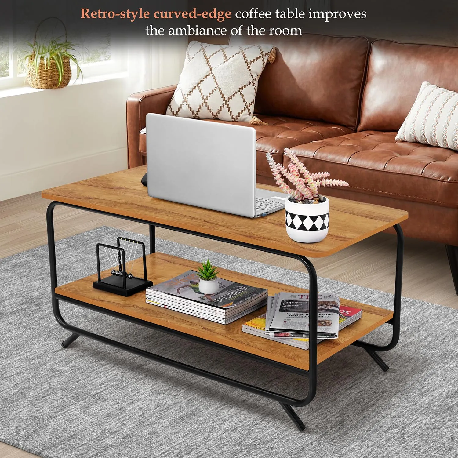 ABOUT SPACE Coffee Table - 2 Tier Space Saving Living Room Furniture Lightweight DIY Sofa Table Center Table with Metal Frame & Adjustable Bushes for Home, Office (Teak Color- L 92.5 x B 47 x H 48 cm)