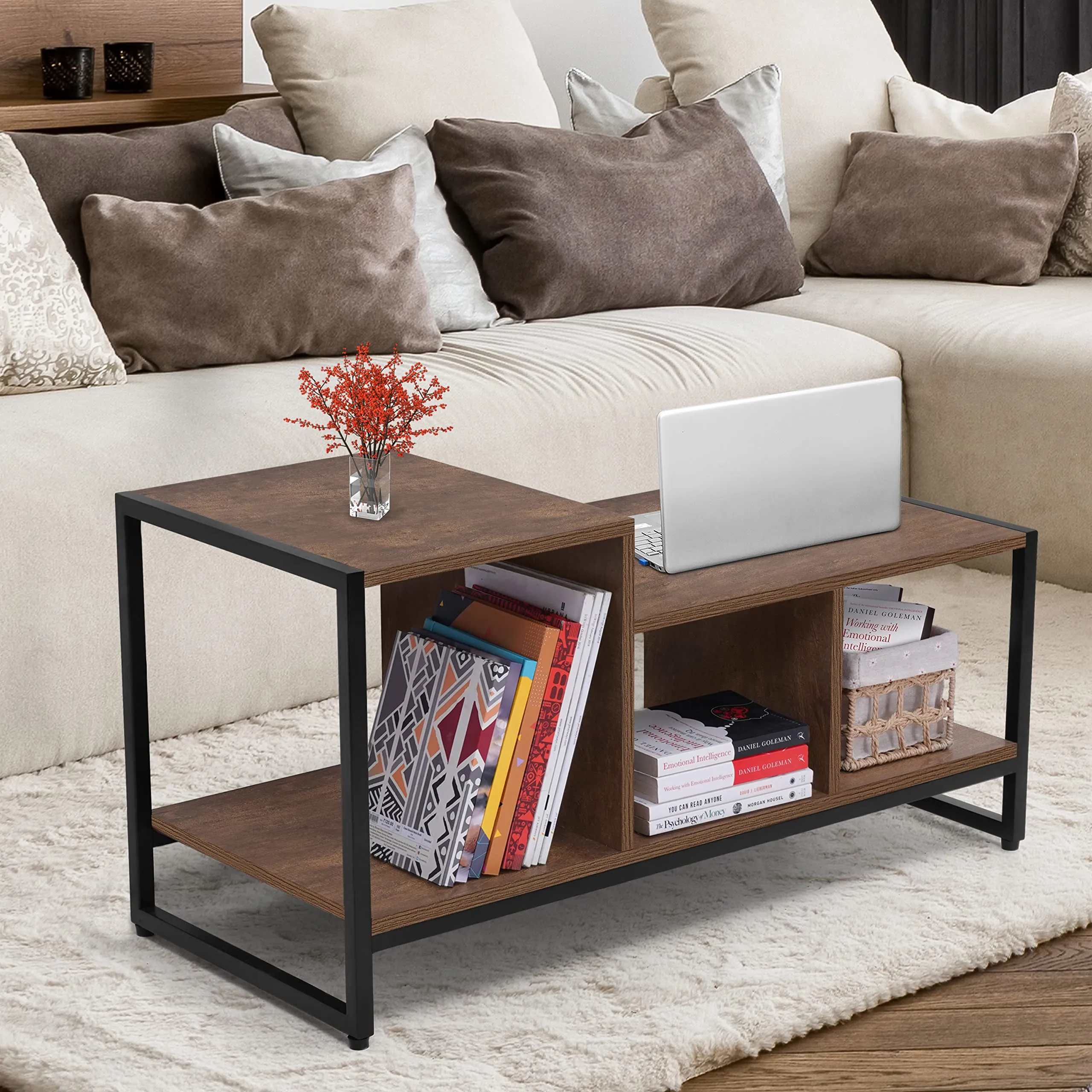 ABOUT SPACE Coffee Table with Storage - Space Saving Tipoy for Living Room with 3 Storage Compartment Engineered Wood DIY Center Table Teapoy with Metal Leg & Adjustable Footpad (Brown-L90xB40xH45 cm)