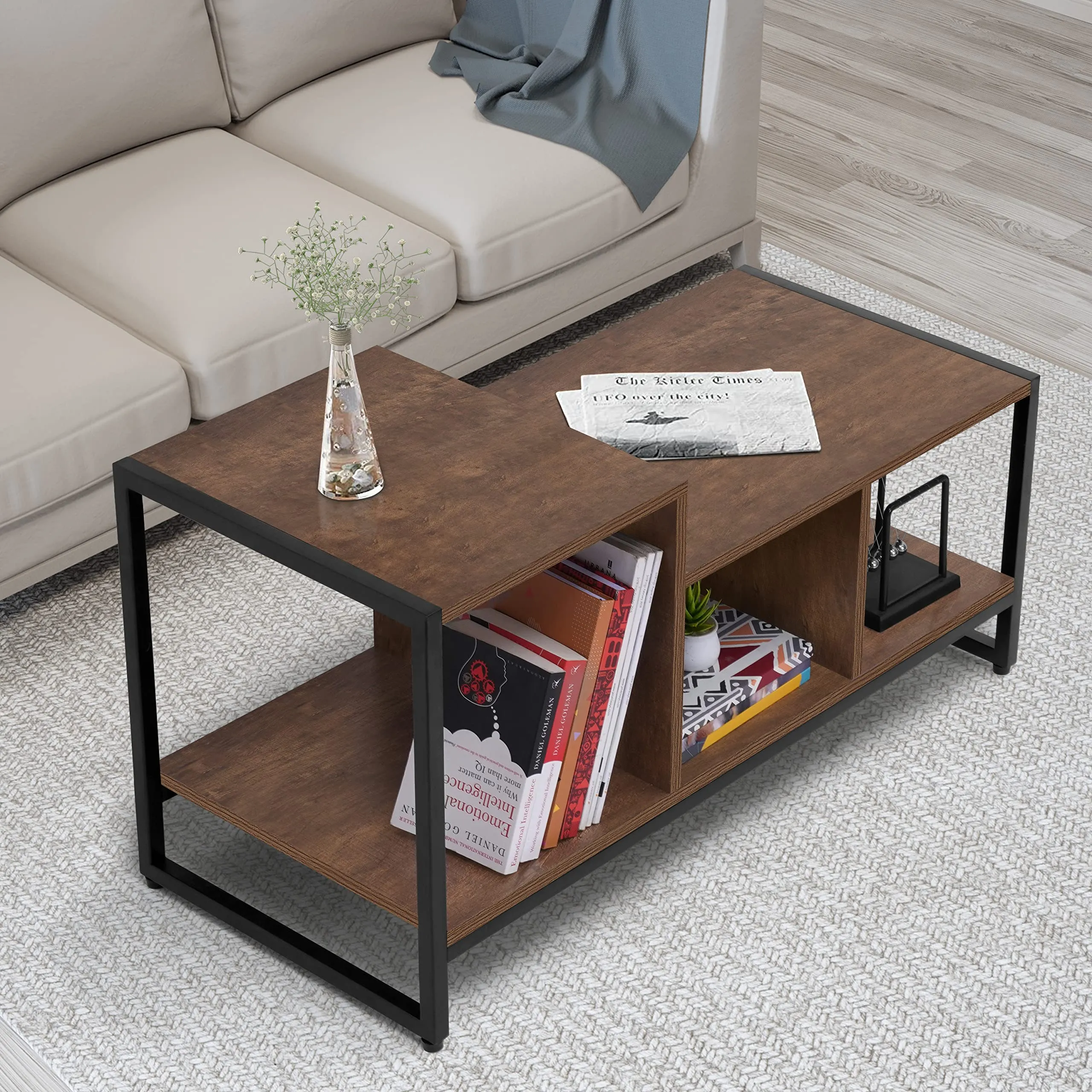 ABOUT SPACE Coffee Table with Storage - Space Saving Tipoy for Living Room with 3 Storage Compartment Engineered Wood DIY Center Table Teapoy with Metal Leg & Adjustable Footpad (Brown-L90xB40xH45 cm)