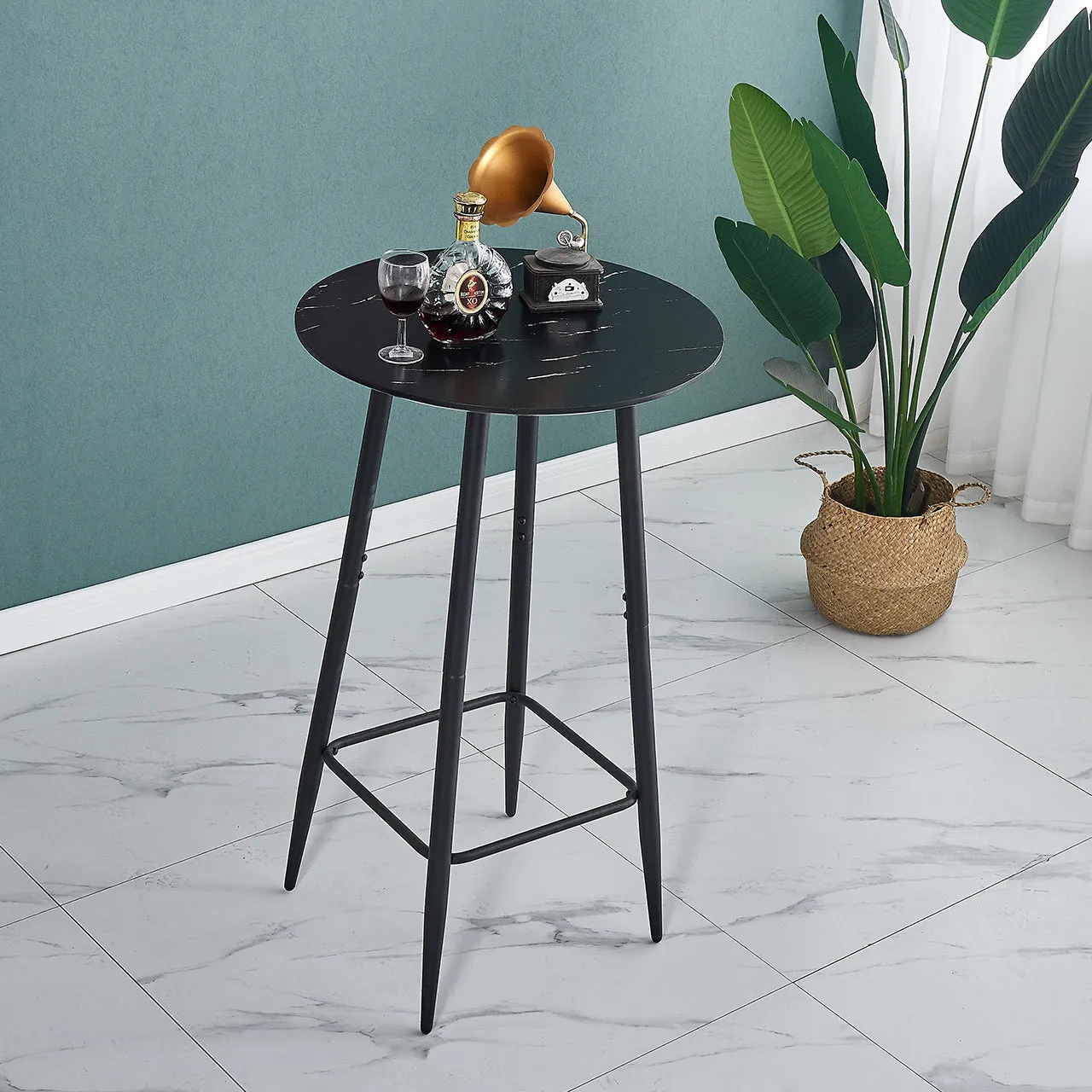 Ainpecca Bar Table Round Kitchen Table Breakfast Dining Table with Marble Effect MDF Board and Metal Frame 109BT