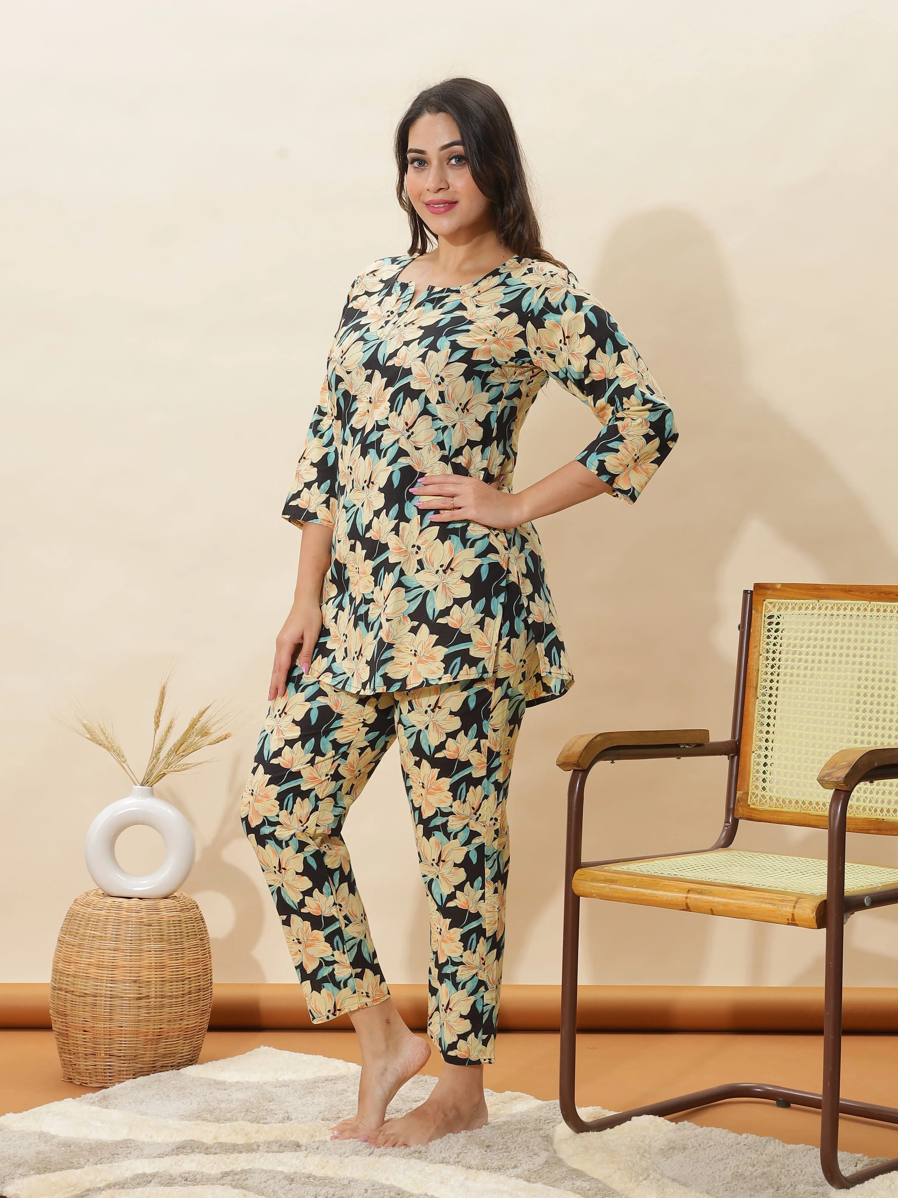 Black Floral Cotton Pajama Set for Women Soft & Breathable Loungewear