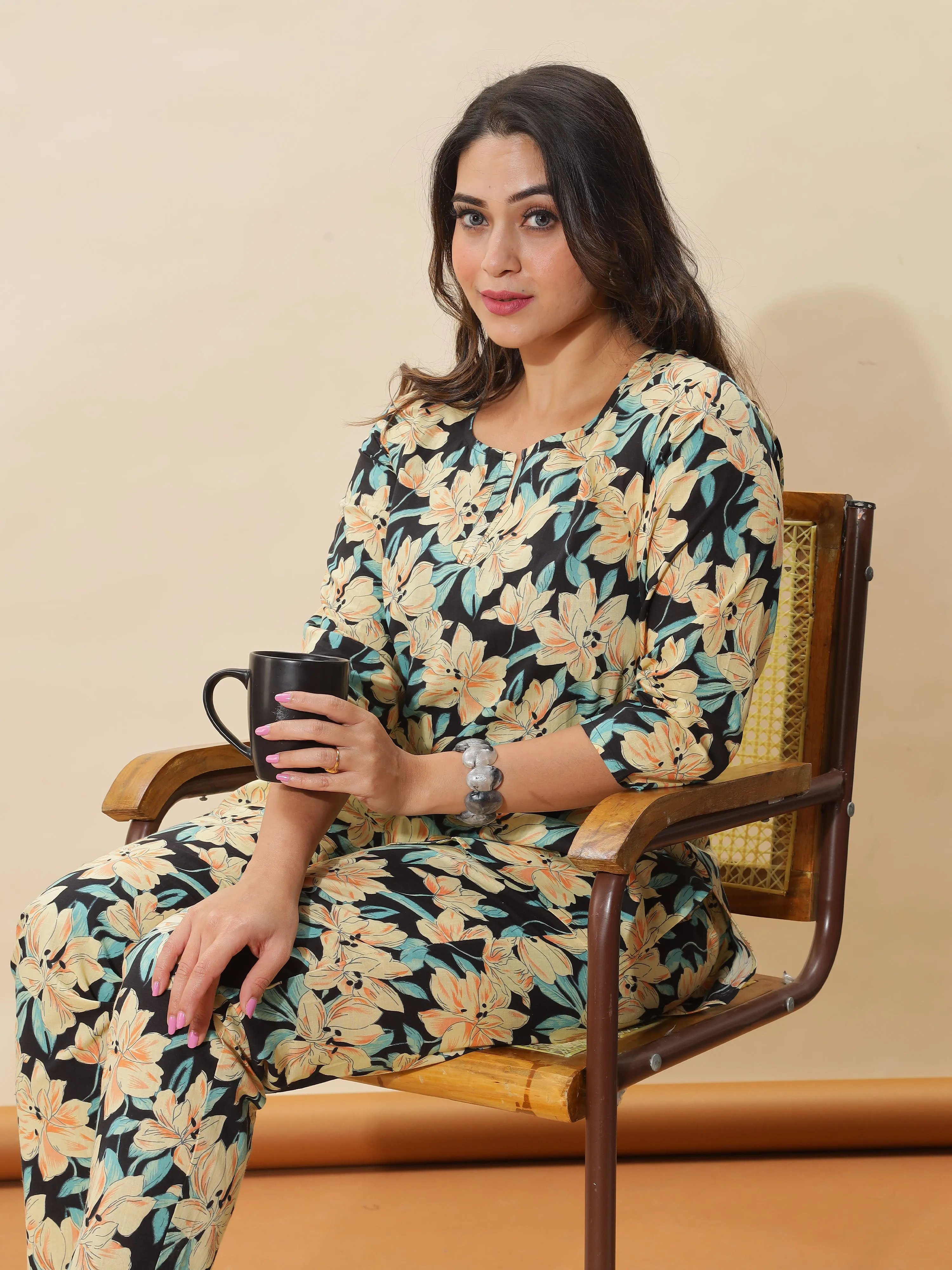 Black Floral Cotton Pajama Set for Women Soft & Breathable Loungewear