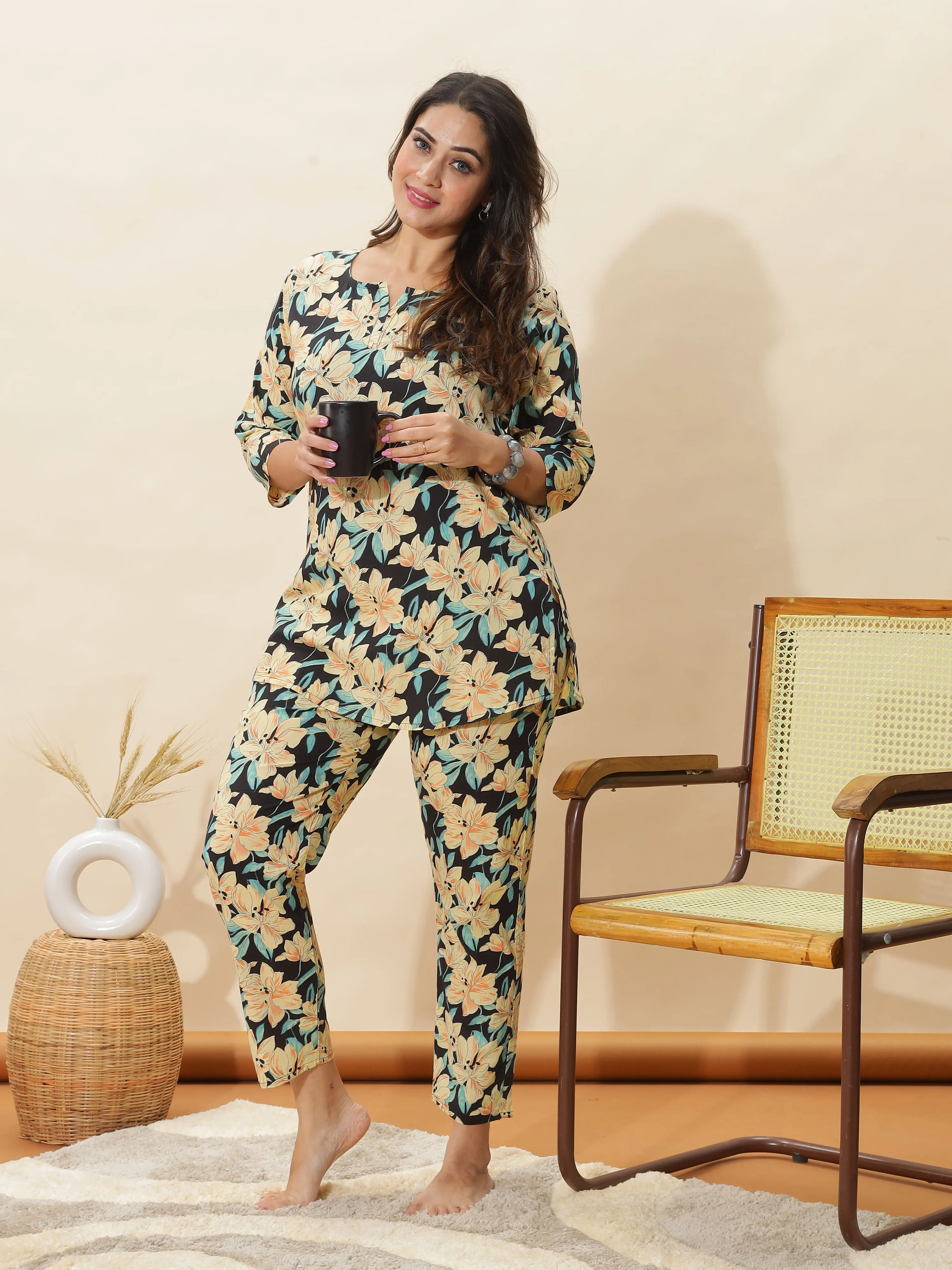 Black Floral Cotton Pajama Set for Women Soft & Breathable Loungewear