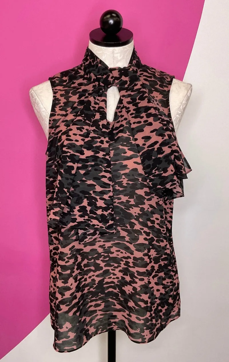 CABI 9-5 PINK CAMO TIE NECK TOP - S