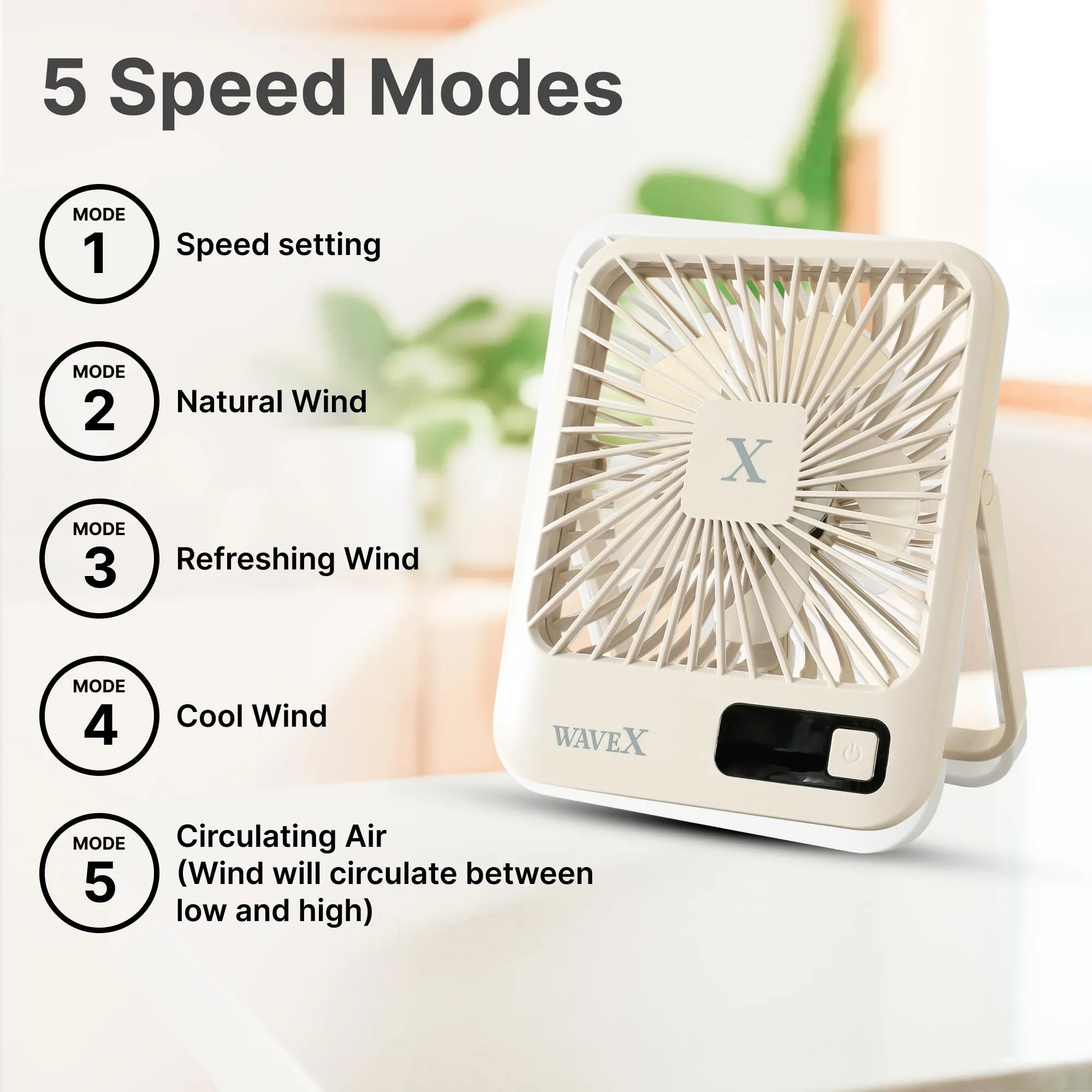 Candes Digital Portable Mini Fan | Rechargeable USB Fan with 5 Speeds | Portable Fan for Office Home Travel |4-6 Hours Running 2000mAh Battery | Small Fan with 180° Tilt Angle | 1 Yr warranty | Khaki