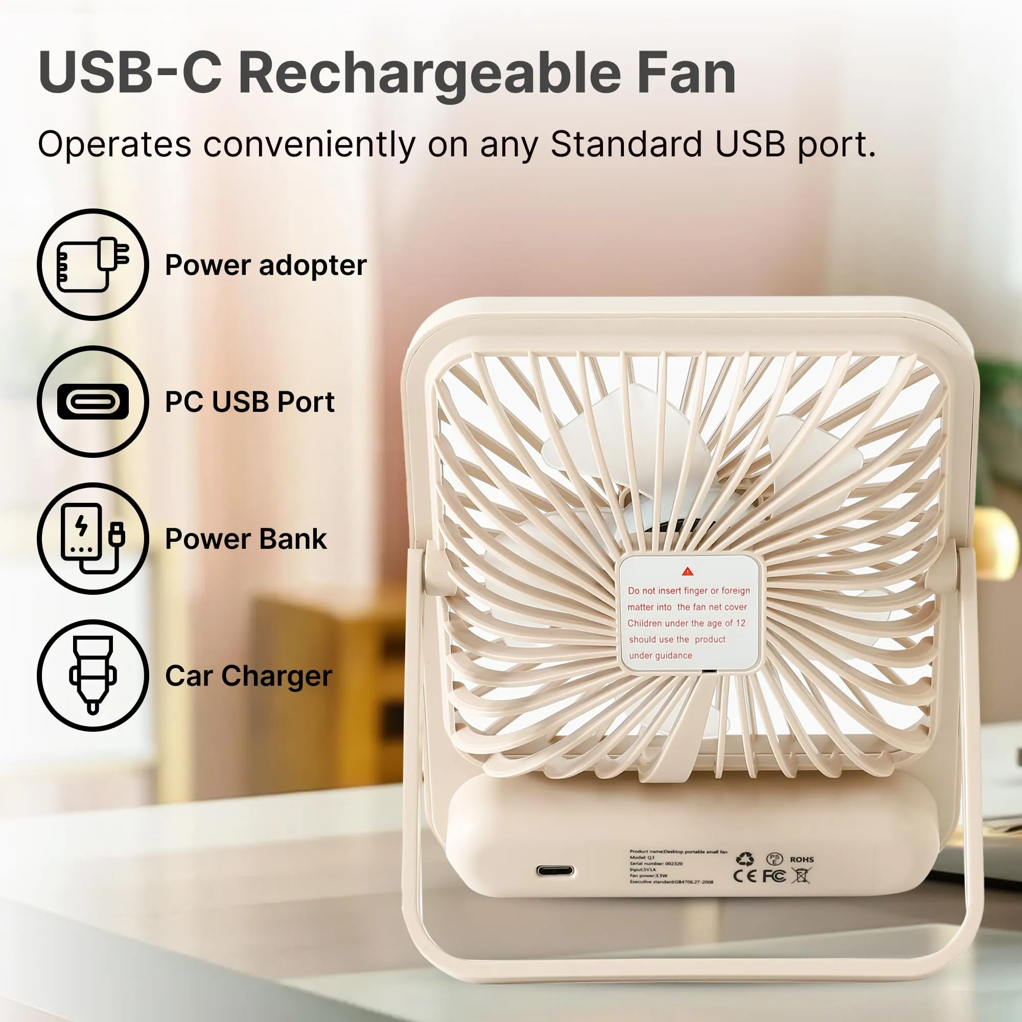 Candes Digital Portable Mini Fan | Rechargeable USB Fan with 5 Speeds | Portable Fan for Office Home Travel |4-6 Hours Running 2000mAh Battery | Small Fan with 180° Tilt Angle | 1 Yr warranty | Khaki