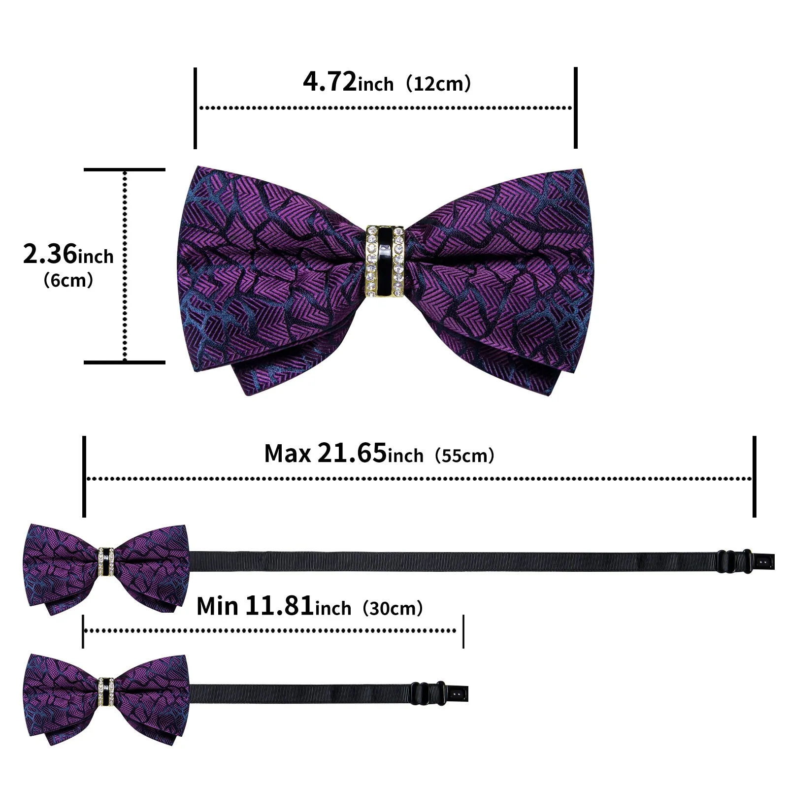 DiBanGu Mens Bow Tie Purple Novelty Diamond Plastic Ring Men's Pre-Bowtie Pocket Square Cufflinks Set