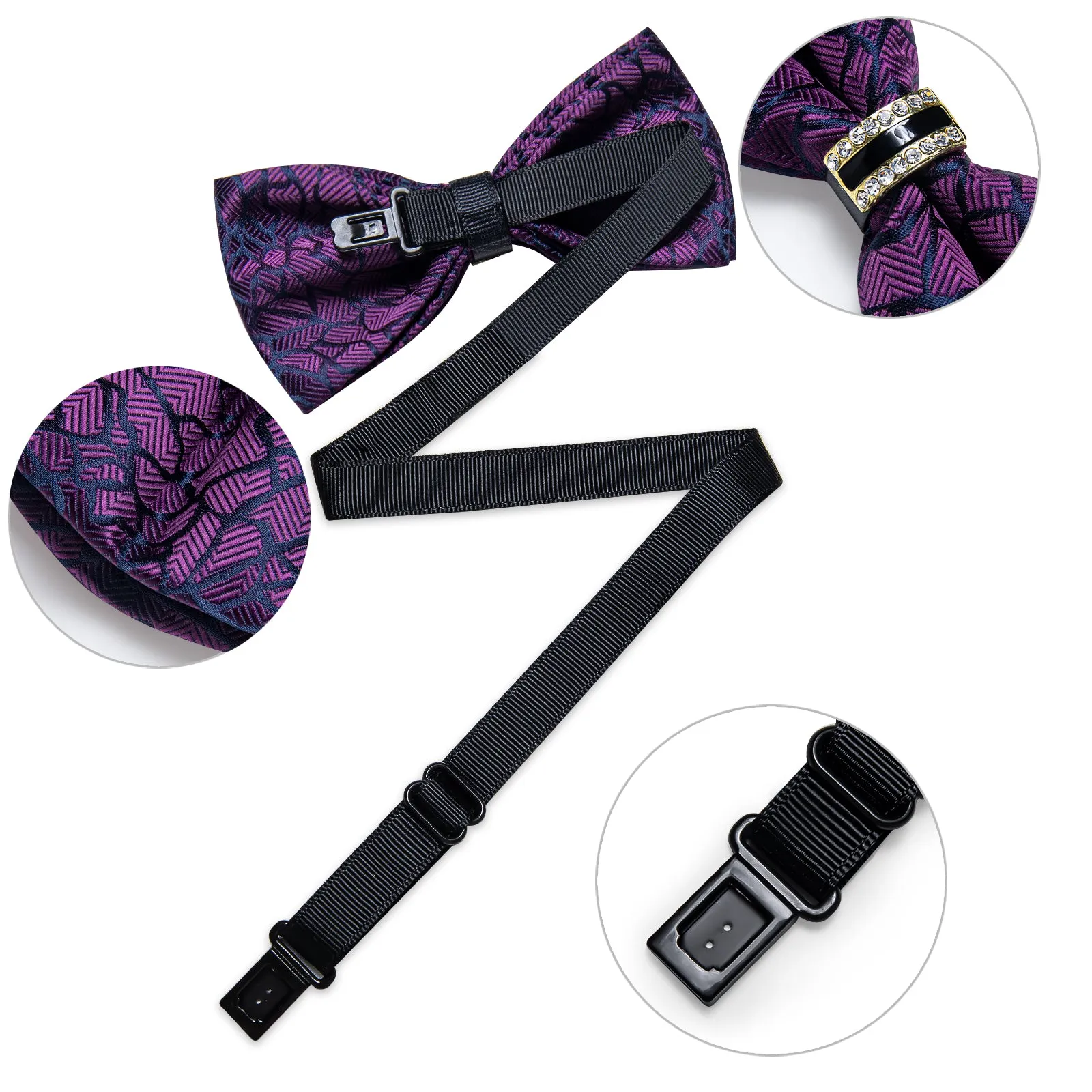 DiBanGu Mens Bow Tie Purple Novelty Diamond Plastic Ring Men's Pre-Bowtie Pocket Square Cufflinks Set