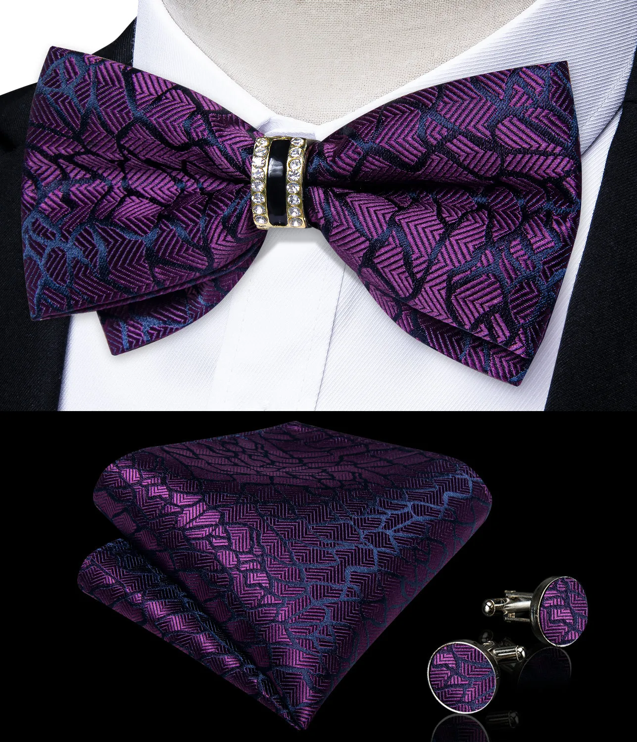 DiBanGu Mens Bow Tie Purple Novelty Diamond Plastic Ring Men's Pre-Bowtie Pocket Square Cufflinks Set