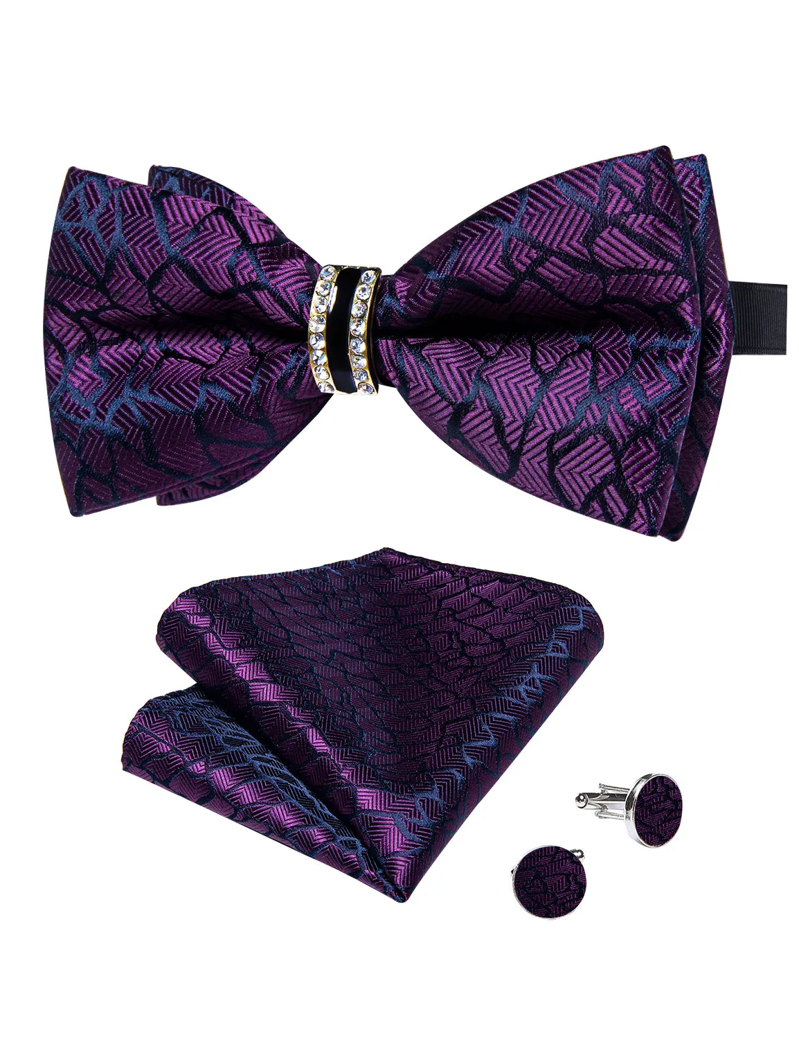 DiBanGu Mens Bow Tie Purple Novelty Diamond Plastic Ring Men's Pre-Bowtie Pocket Square Cufflinks Set