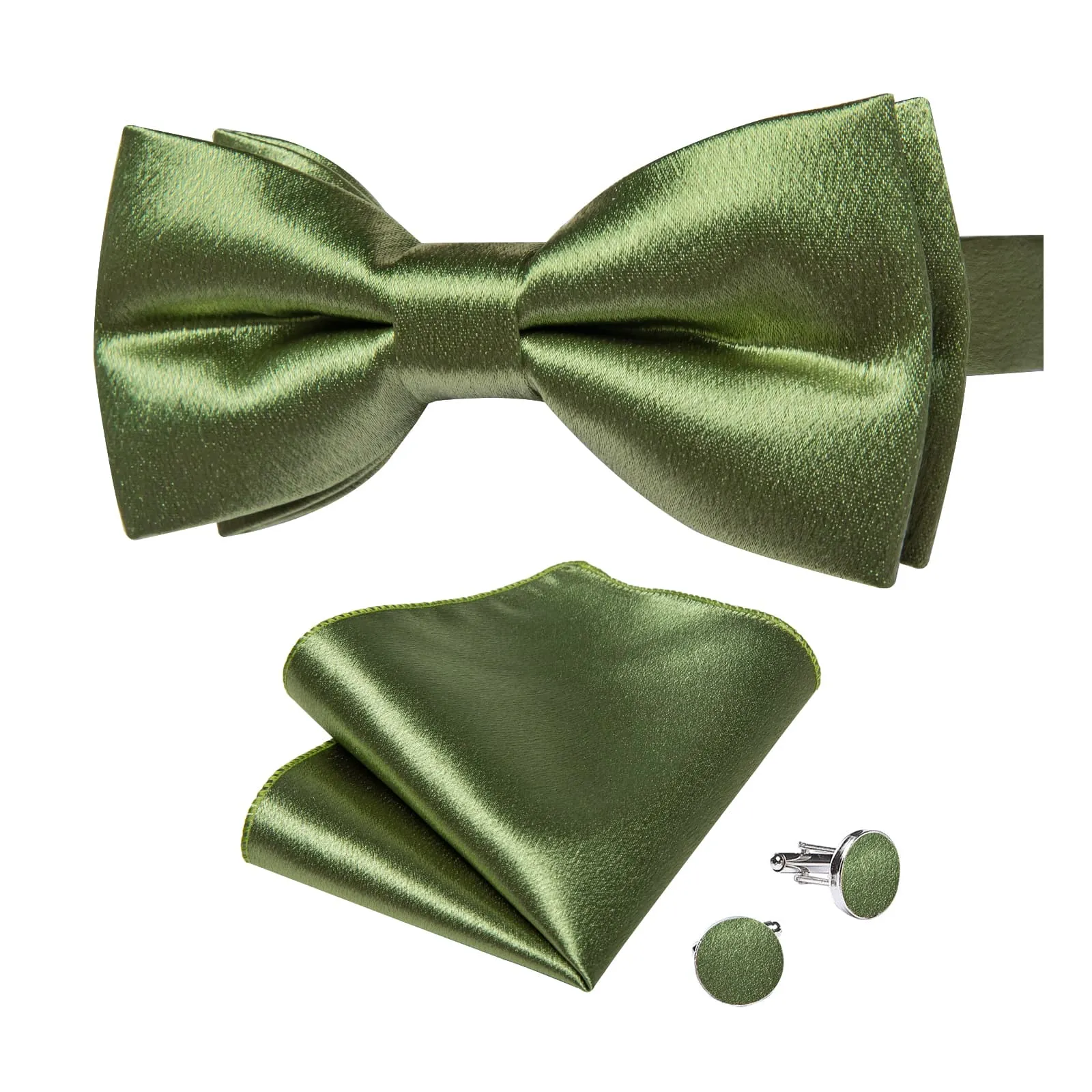 DiBanGu Silk Bow Tie Shining Sage Green Solid Mens Pre-Tied Bowtie Hanky Cufflinks Set