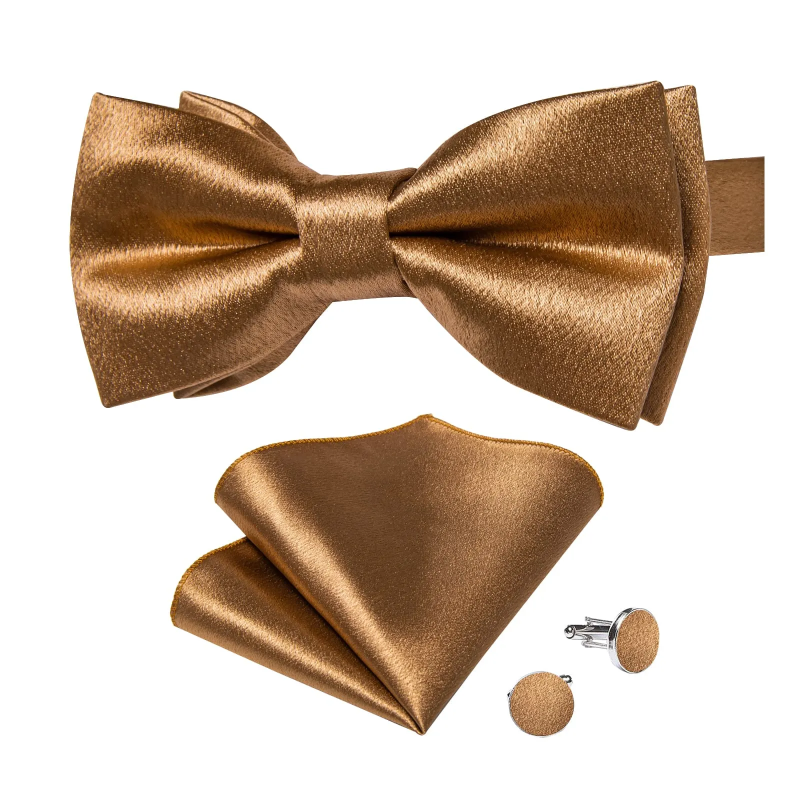 DiBanGu Silk Bow Tie Shining Tortilla Brown Solid Mens Pre-Tied Bowtie Handkerchief Cufflinks Set