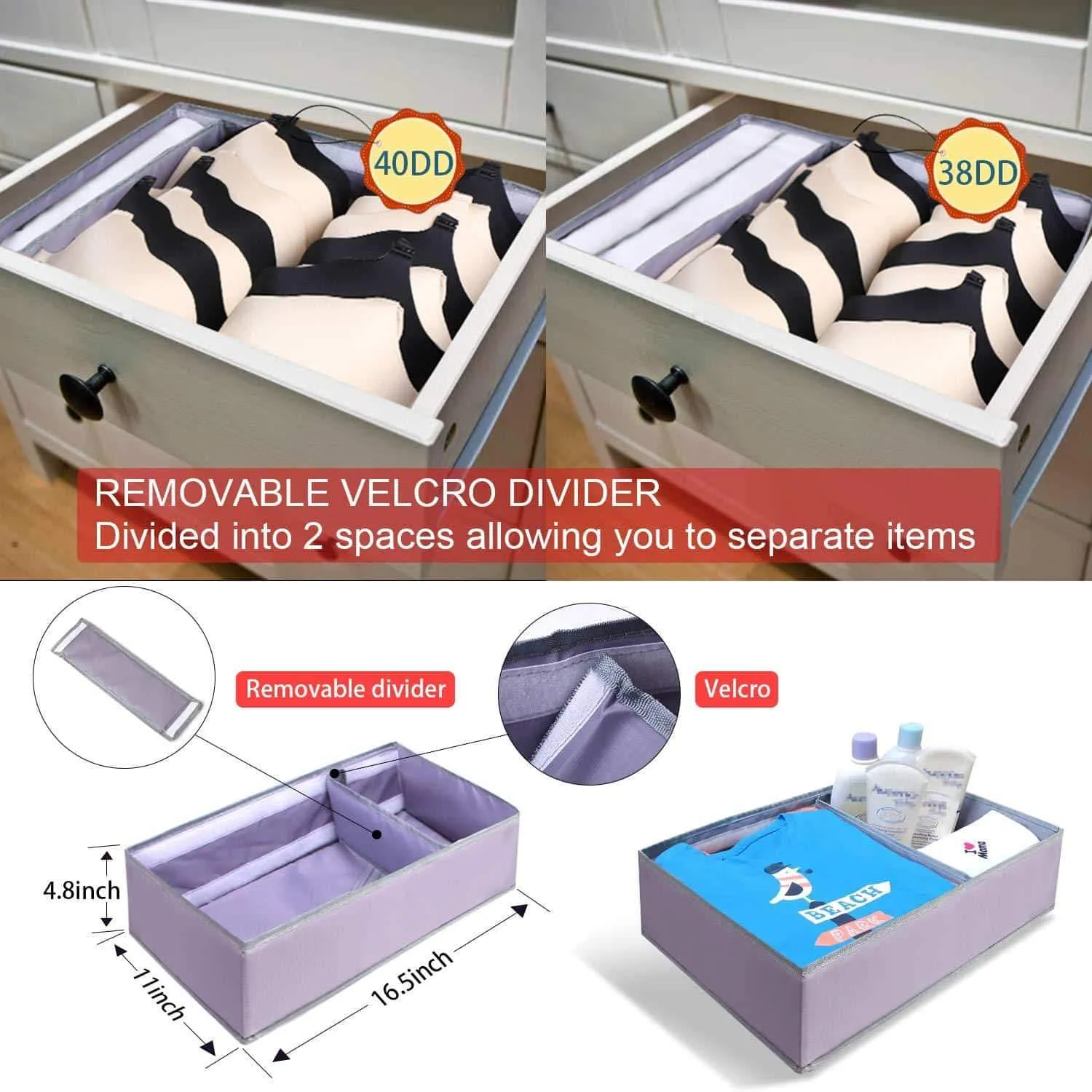 Drawer Organizer Clothes Dresser Underwear Organizer Washable Deep Socks Bra Large Boxes Storage Foldable Removable Dividers Fabric Basket Bins Closet T Shirt Jeans leggings Nursery Baby Clothing,Gray