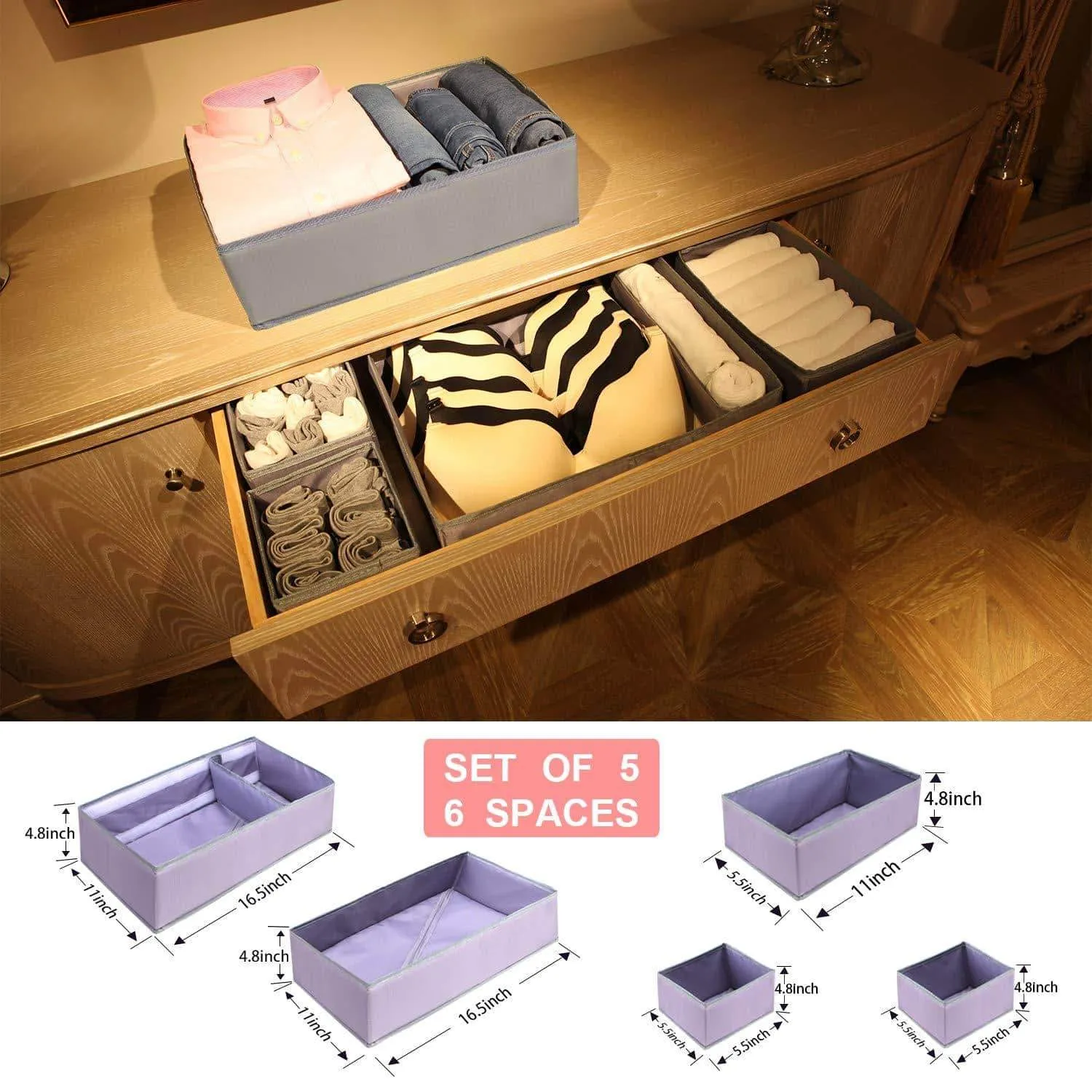 Drawer Organizer Clothes Dresser Underwear Organizer Washable Deep Socks Bra Large Boxes Storage Foldable Removable Dividers Fabric Basket Bins Closet T Shirt Jeans leggings Nursery Baby Clothing,Gray