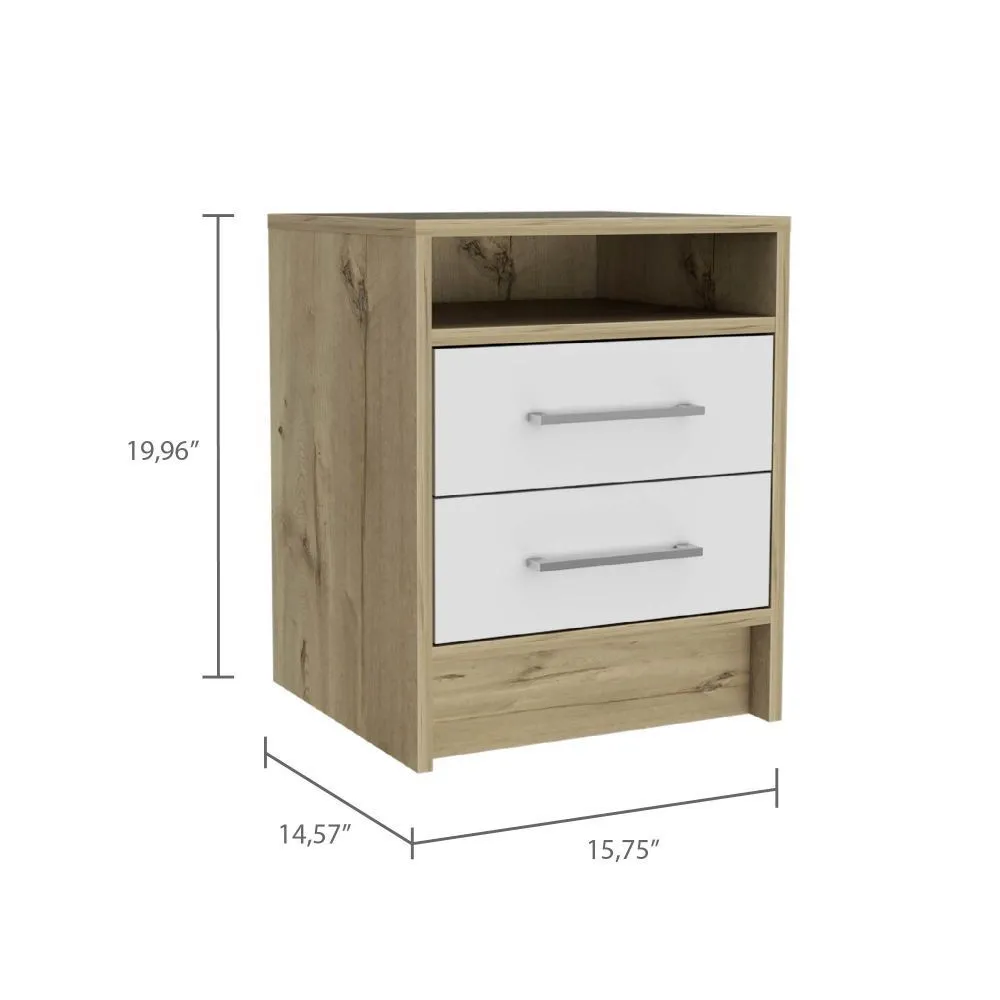 Eter Nightstand , End Table, Side Table Superior Top, Two Drawers -White / Light Oak