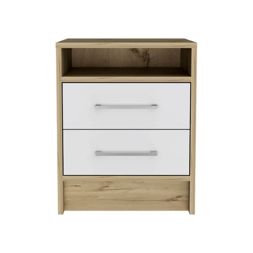 Eter Nightstand , End Table, Side Table Superior Top, Two Drawers -White / Light Oak