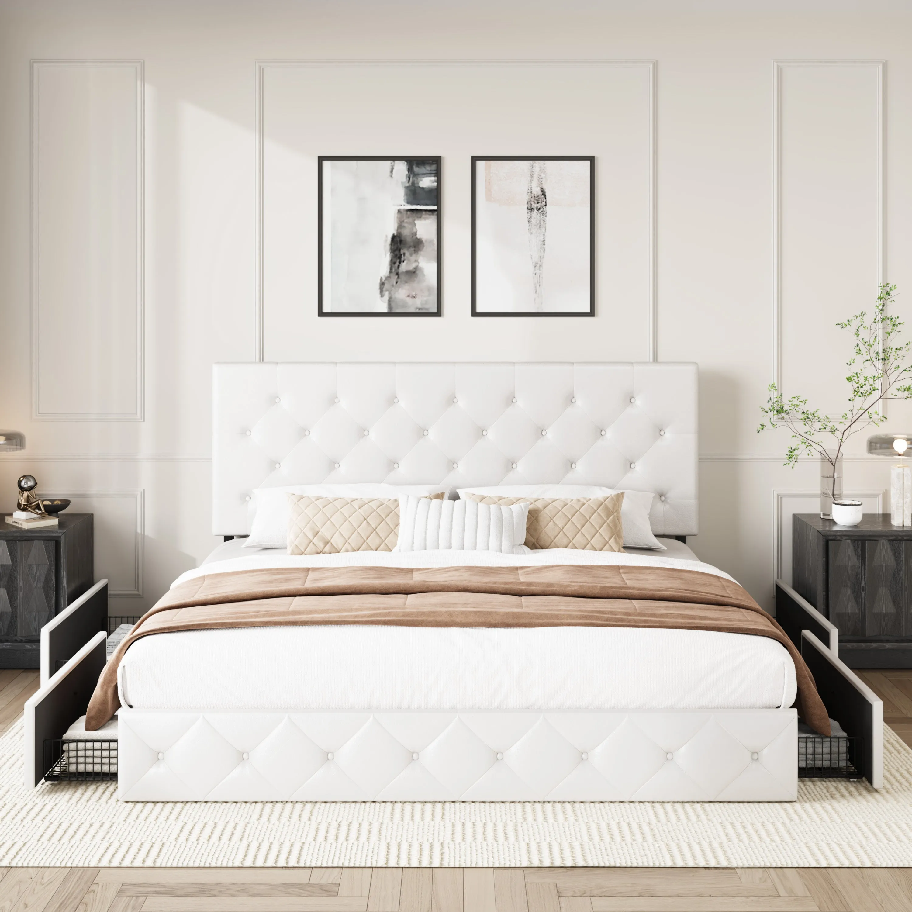 Faux Leather Platform Bed Frame with 4 Storage Drawers, Button Tufted Style Hedboard