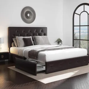 Faux Leather Platform Bed Frame with 4 Storage Drawers, Button Tufted Style Hedboard