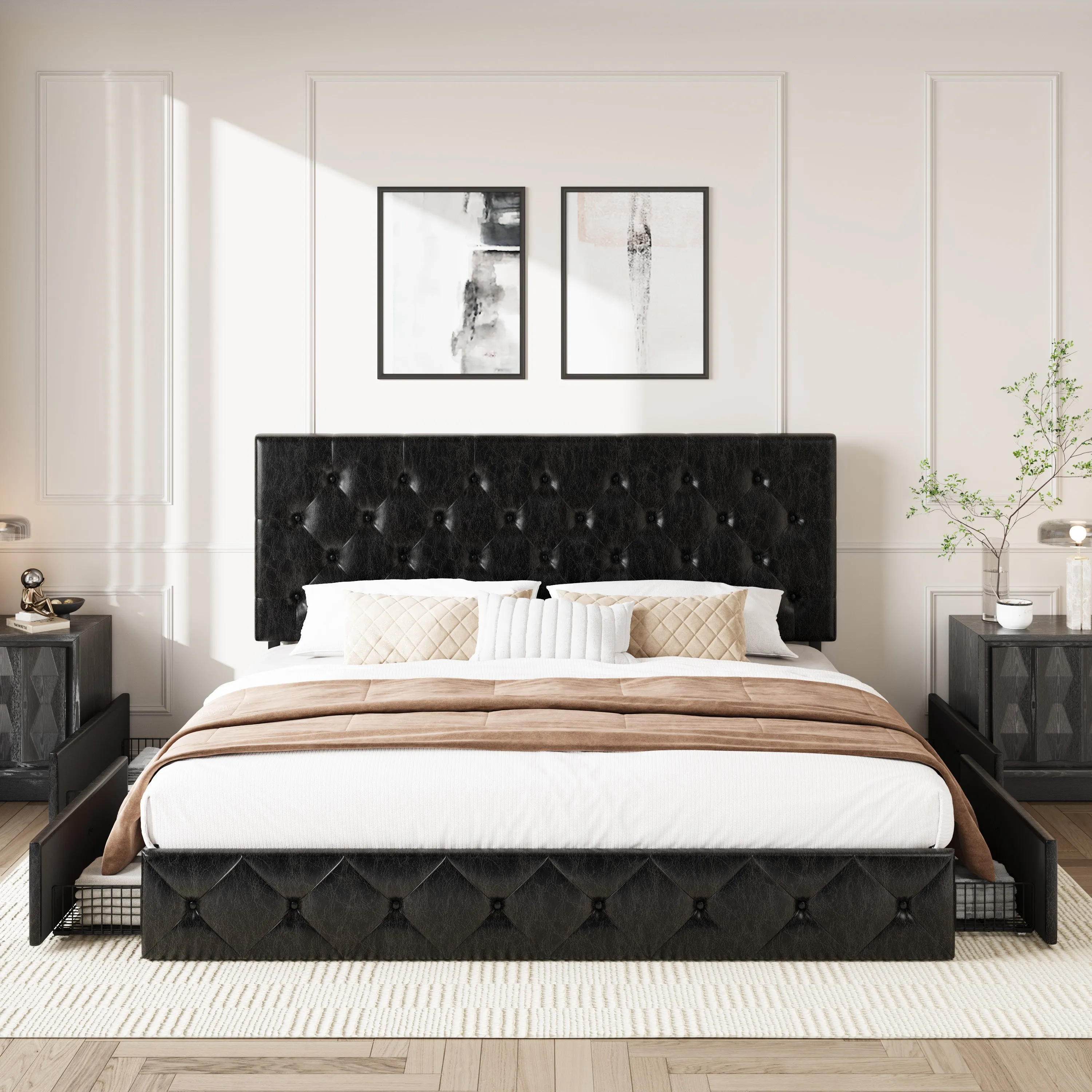 Faux Leather Platform Bed Frame with 4 Storage Drawers, Button Tufted Style Hedboard