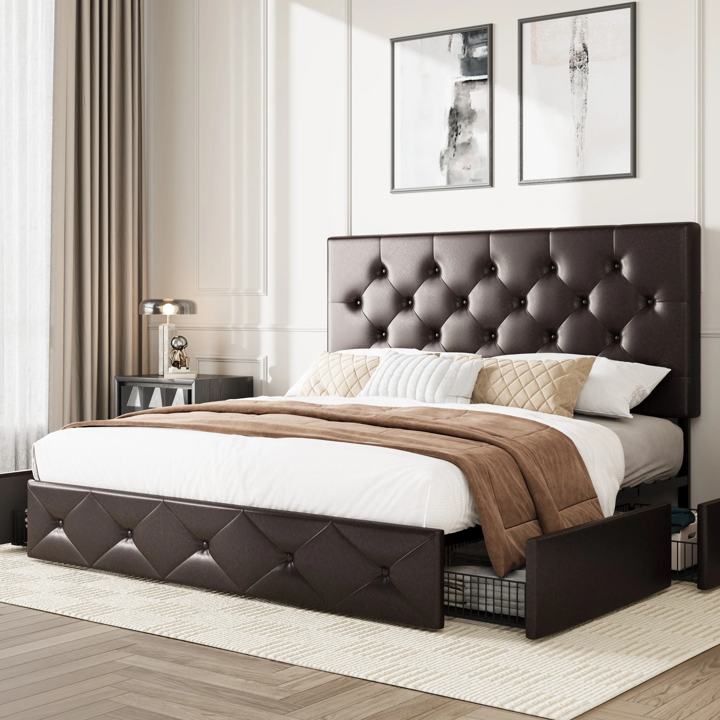 Faux Leather Platform Bed Frame with 4 Storage Drawers, Button Tufted Style Hedboard