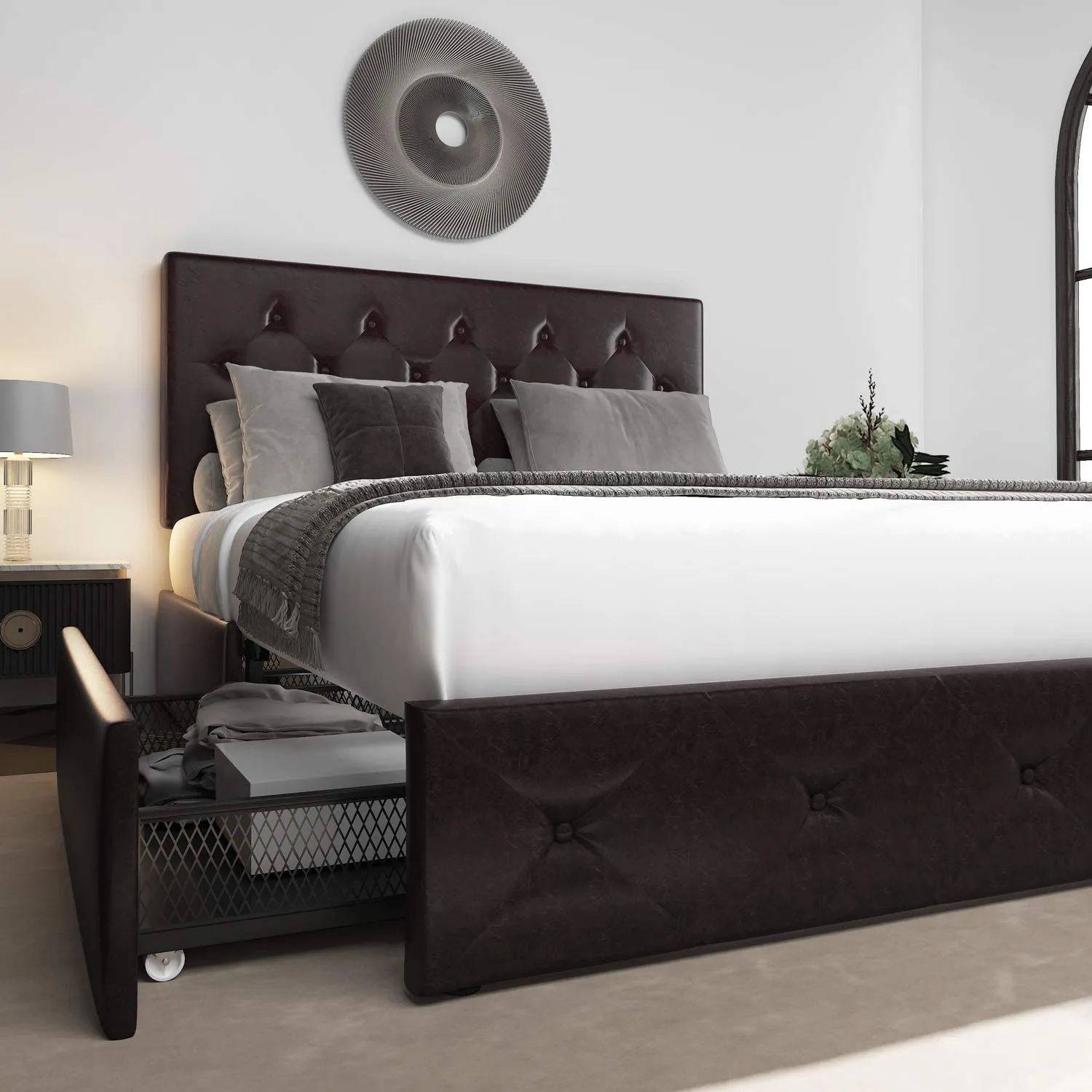 Faux Leather Platform Bed Frame with 4 Storage Drawers, Button Tufted Style Hedboard