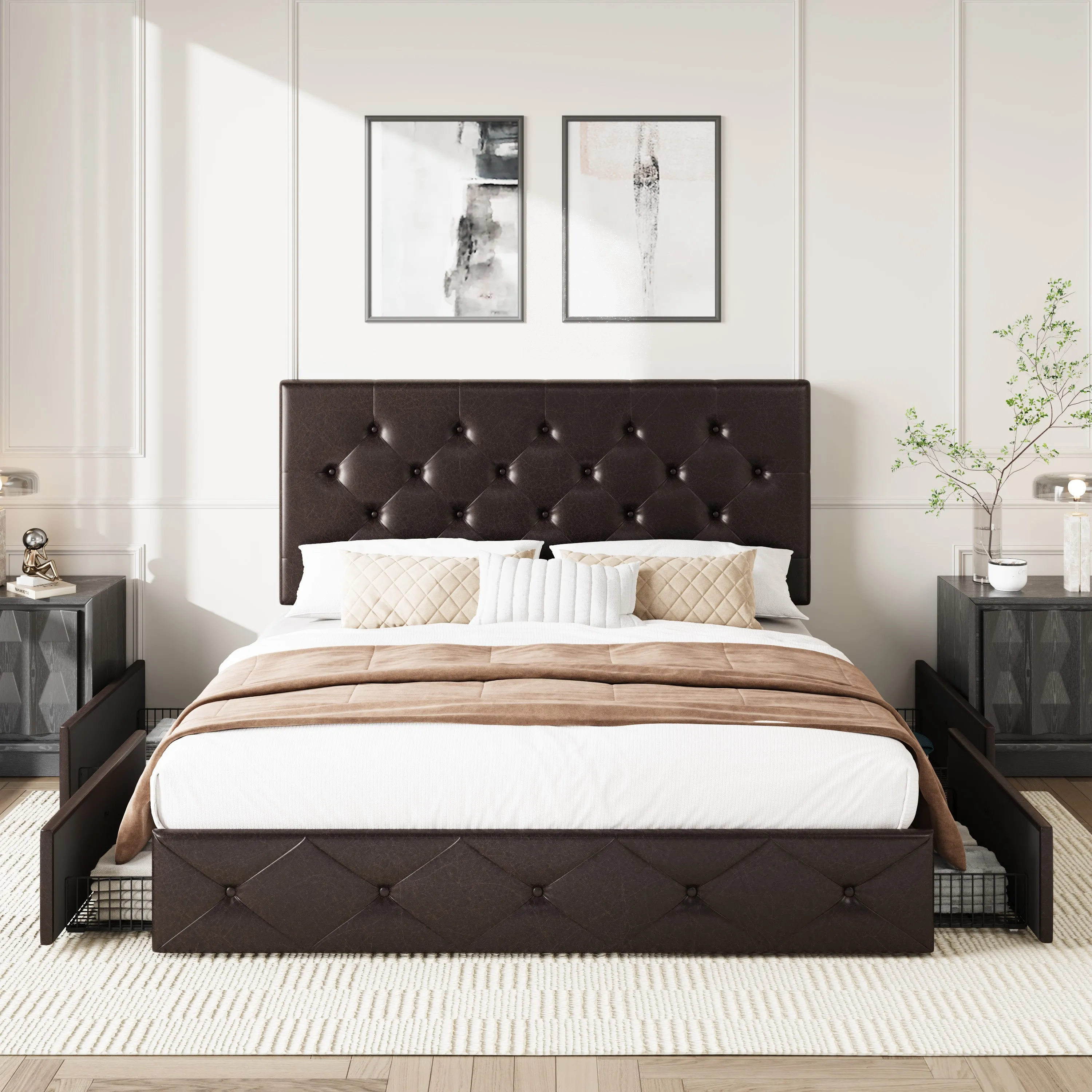 Faux Leather Platform Bed Frame with 4 Storage Drawers, Button Tufted Style Hedboard