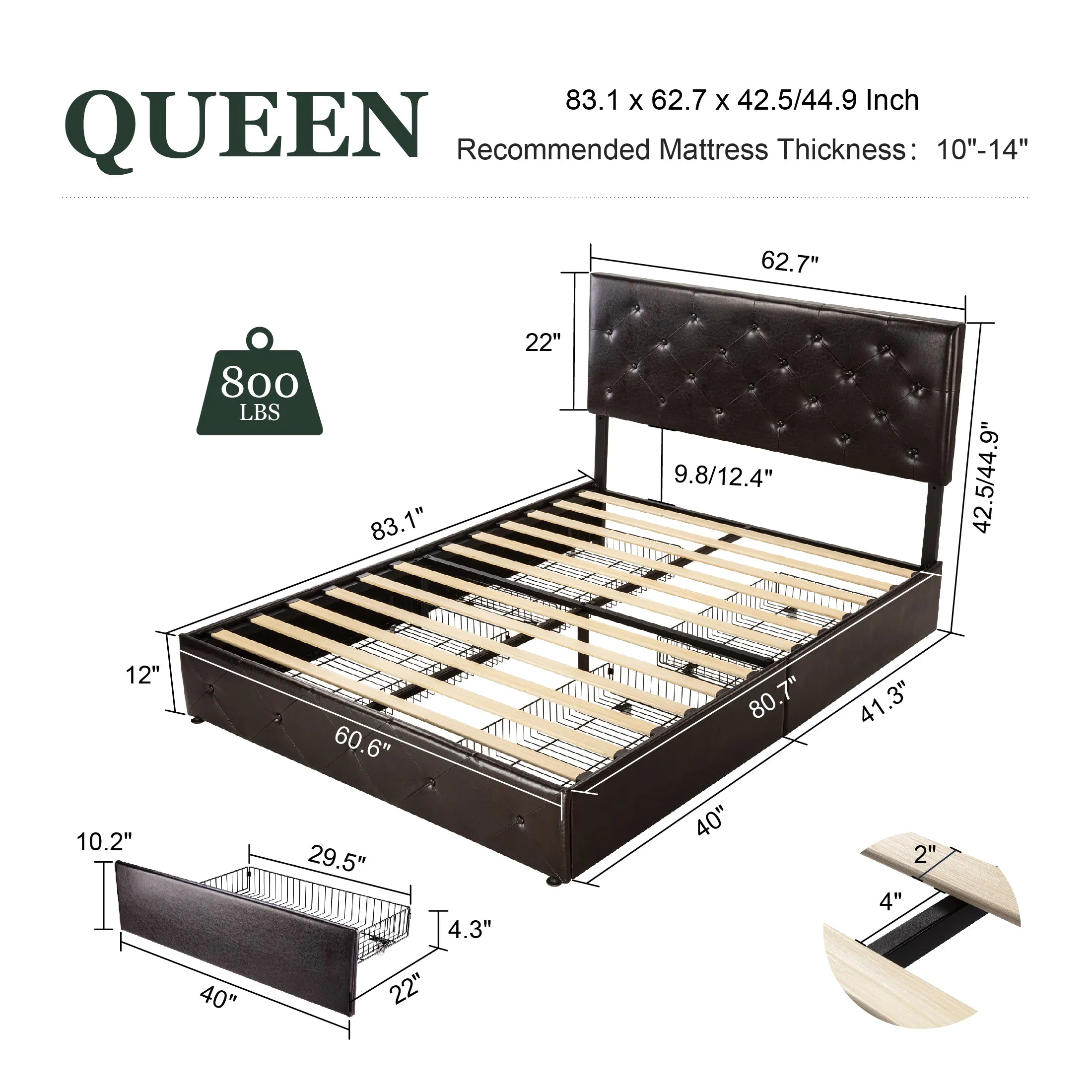 Faux Leather Platform Bed Frame with 4 Storage Drawers, Button Tufted Style Hedboard