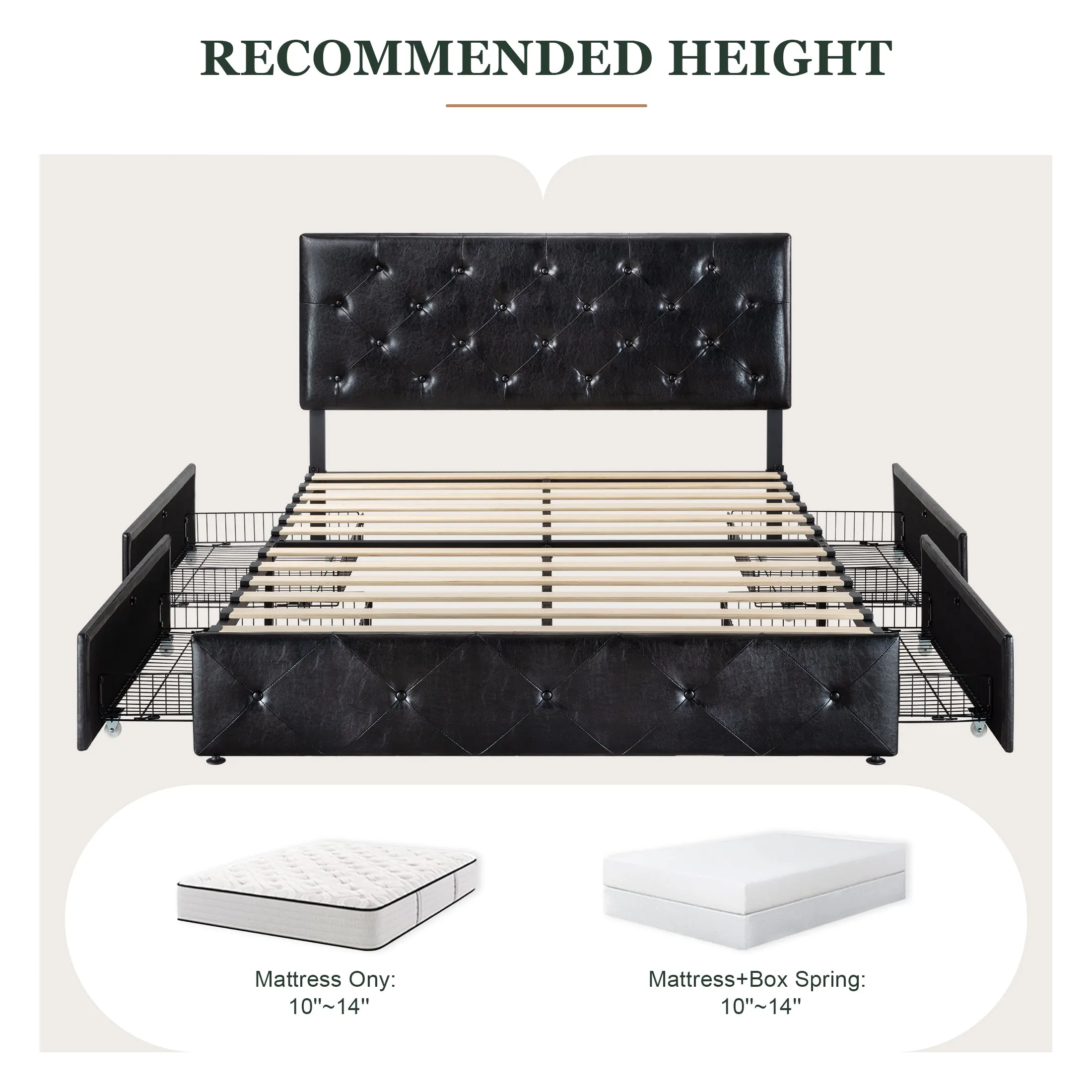 Faux Leather Platform Bed Frame with 4 Storage Drawers, Button Tufted Style Hedboard