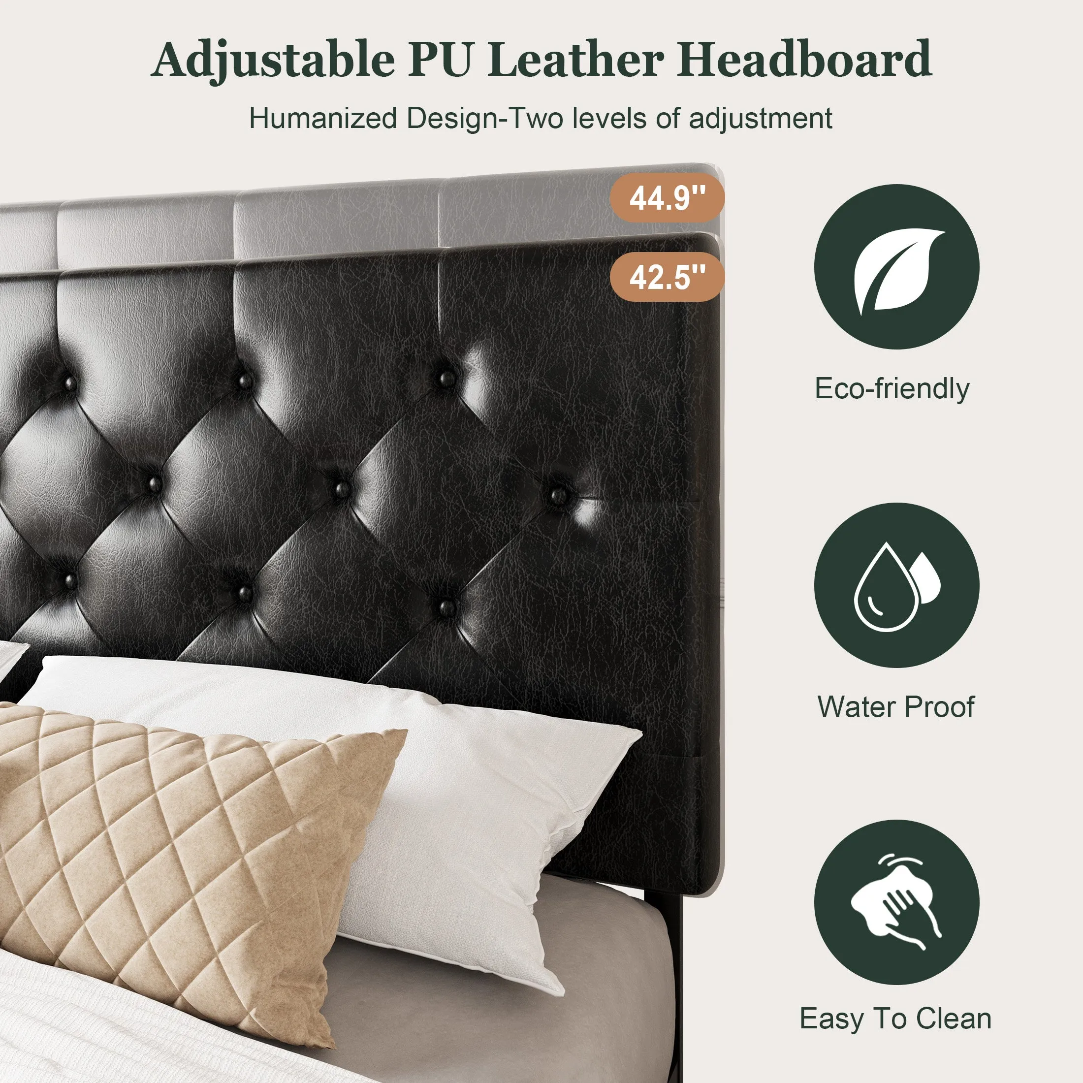 Faux Leather Platform Bed Frame with 4 Storage Drawers, Button Tufted Style Hedboard