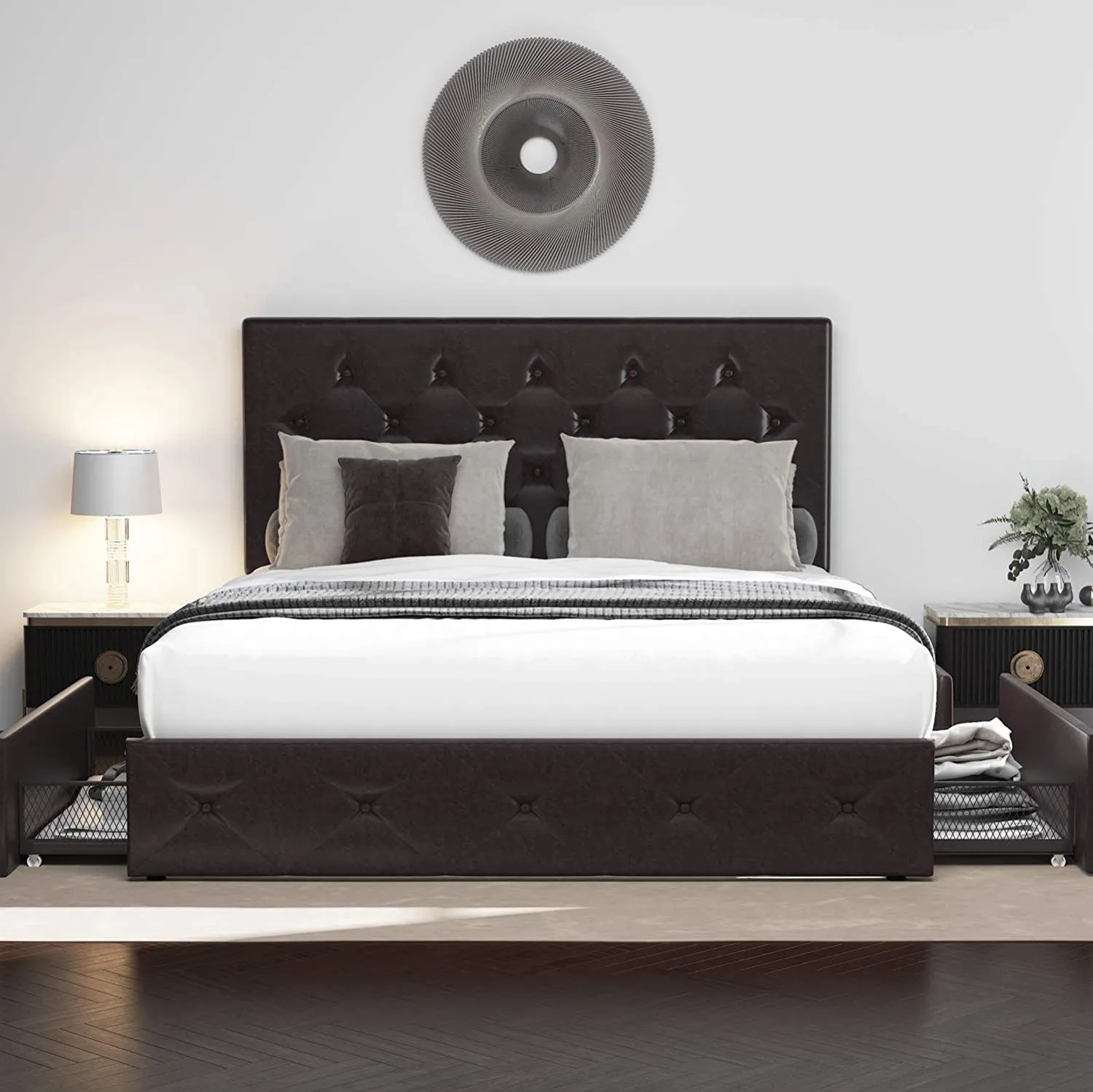 Faux Leather Platform Bed Frame with 4 Storage Drawers, Button Tufted Style Hedboard