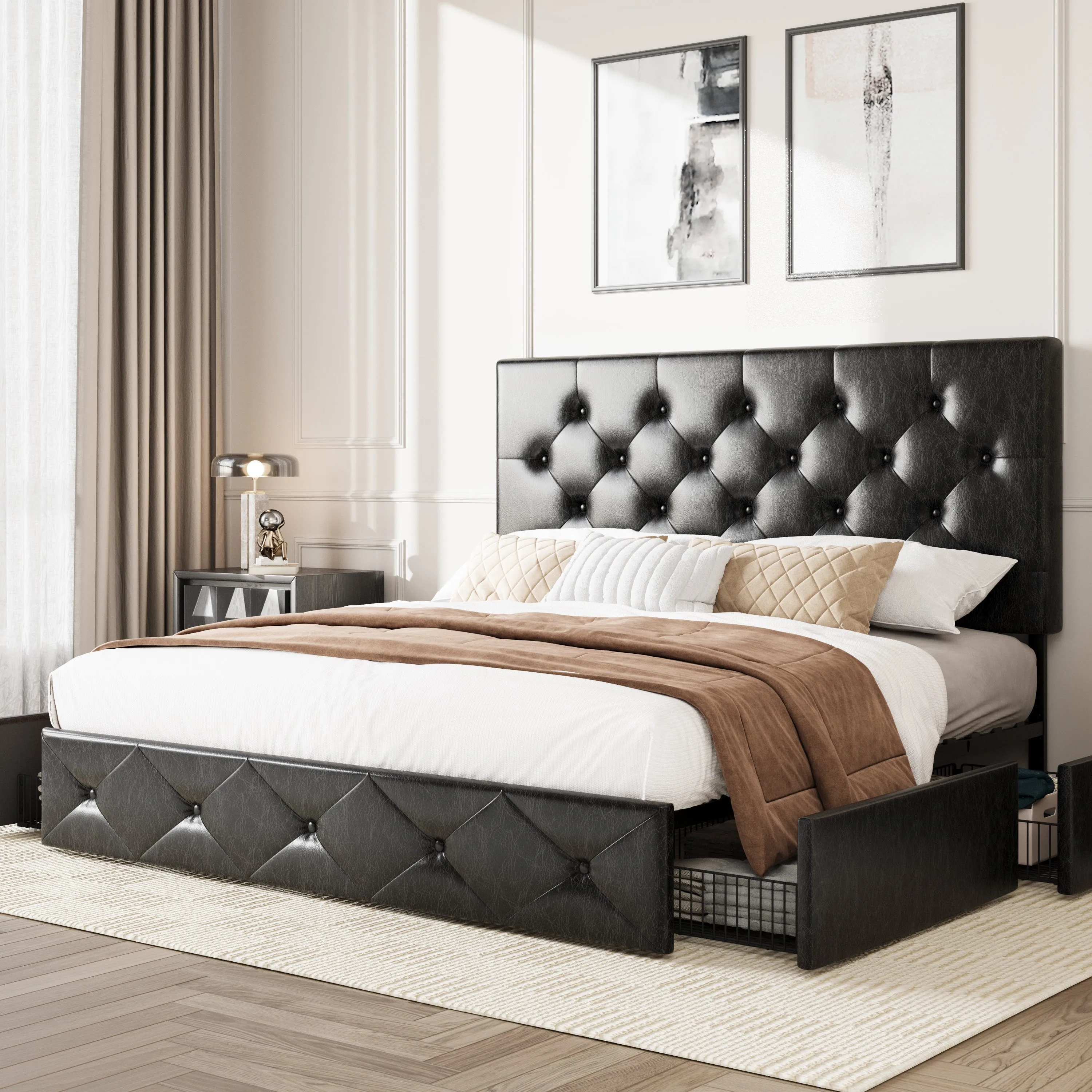 Faux Leather Platform Bed Frame with 4 Storage Drawers, Button Tufted Style Hedboard