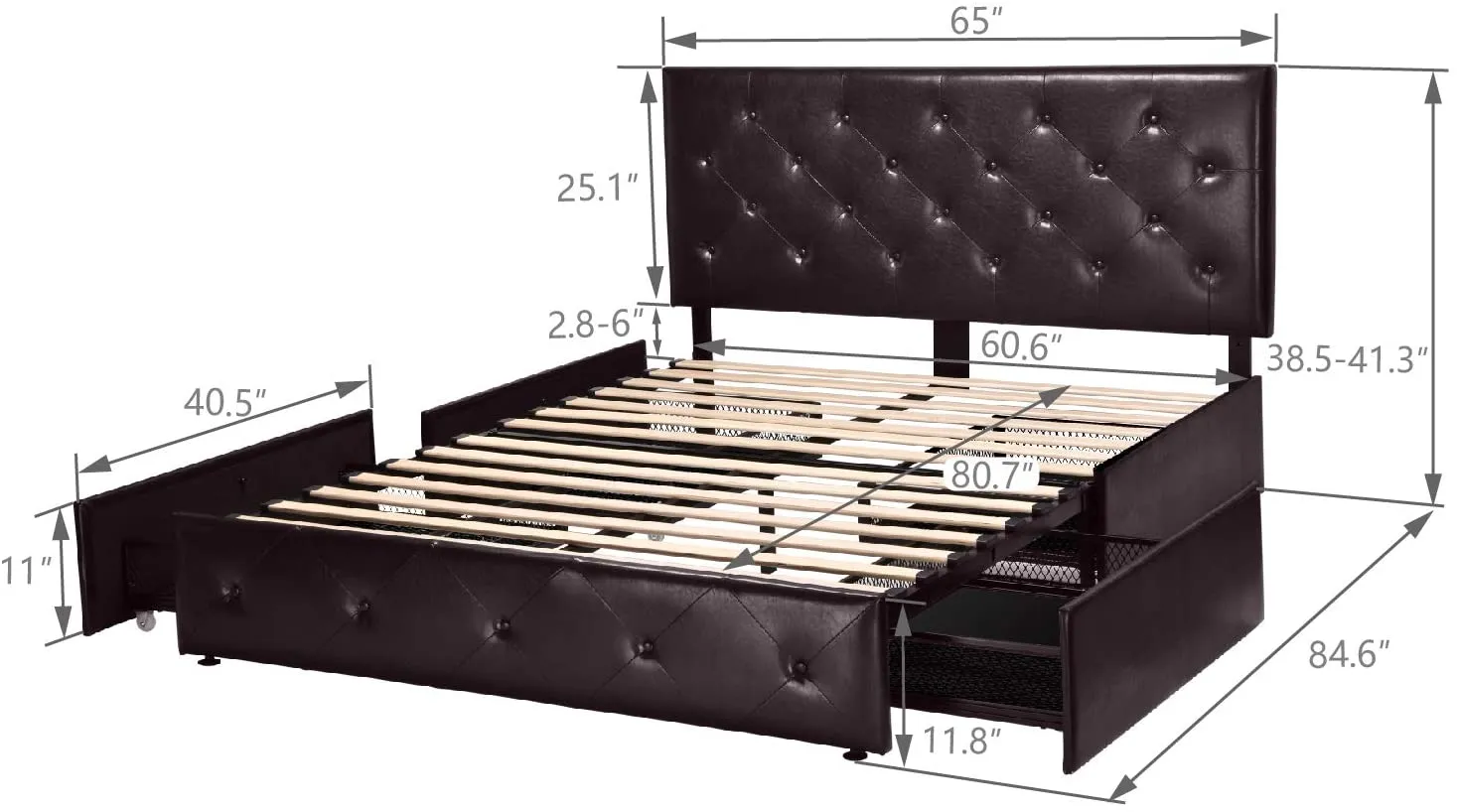 Faux Leather Platform Bed Frame with 4 Storage Drawers, Button Tufted Style Hedboard