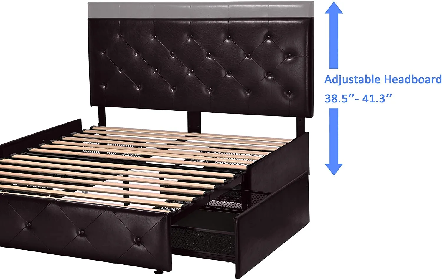 Faux Leather Platform Bed Frame with 4 Storage Drawers, Button Tufted Style Hedboard