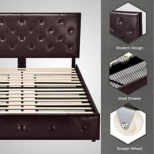 Faux Leather Platform Bed Frame with 4 Storage Drawers, Button Tufted Style Hedboard