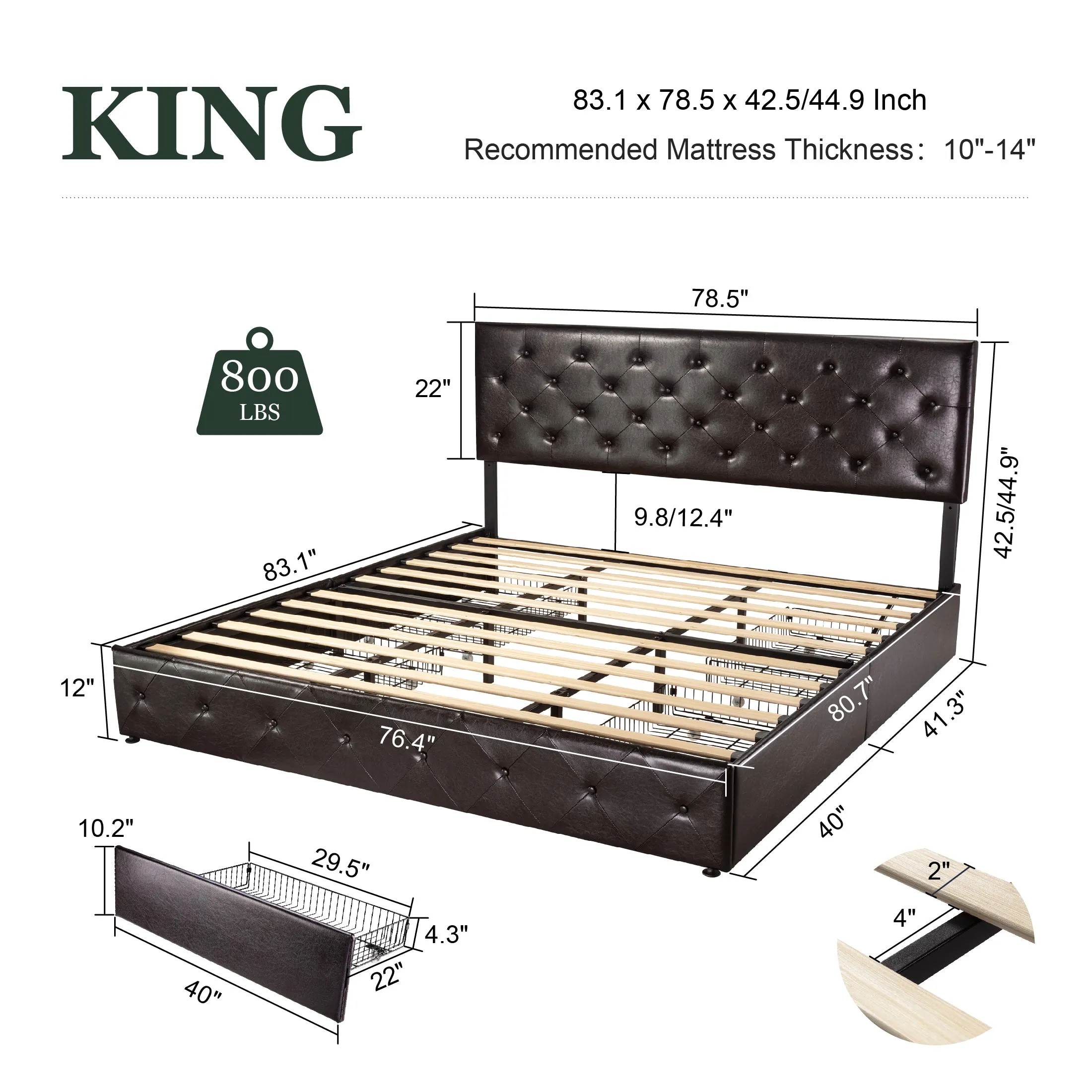 Faux Leather Platform Bed Frame with 4 Storage Drawers, Button Tufted Style Hedboard