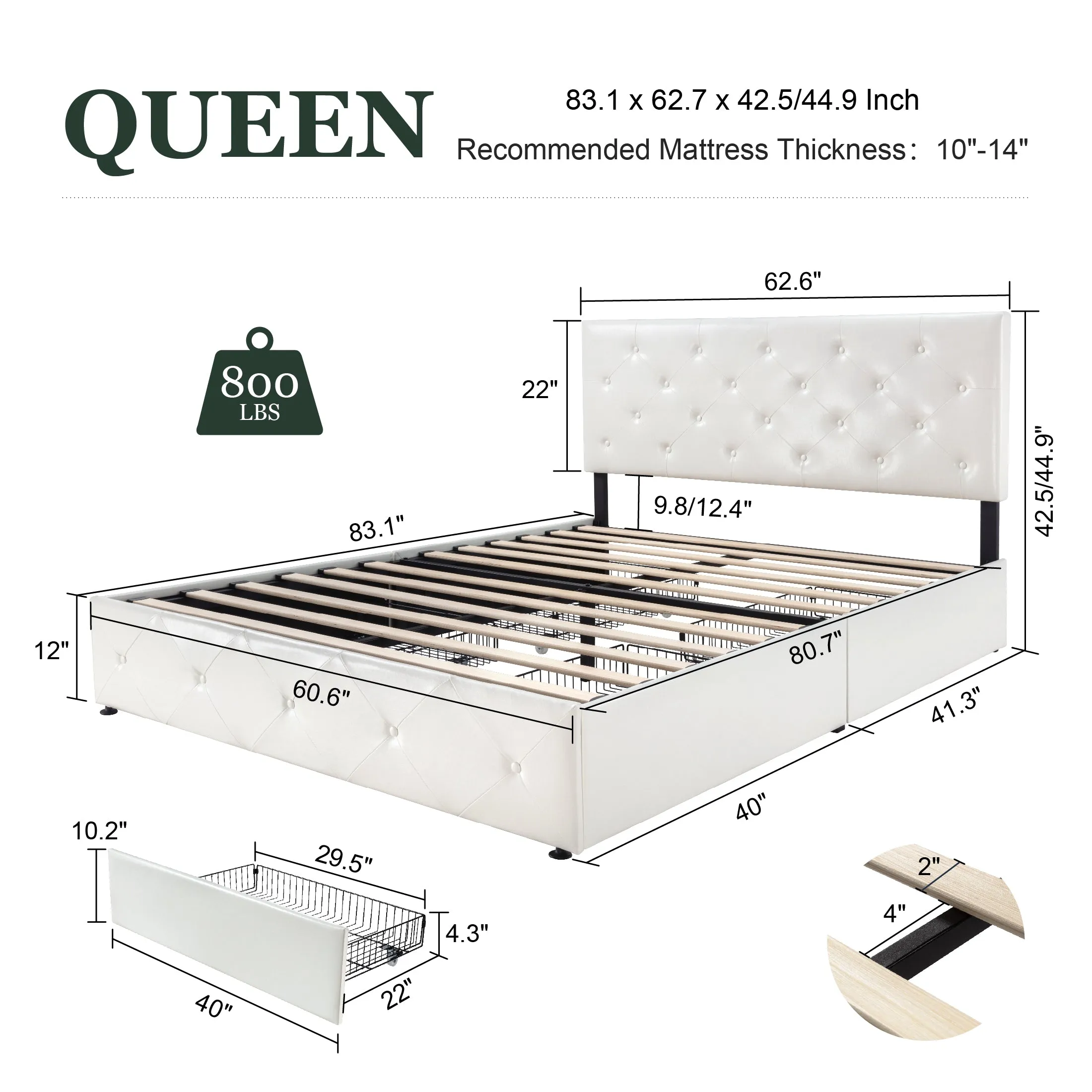 Faux Leather Platform Bed Frame with 4 Storage Drawers, Button Tufted Style Hedboard