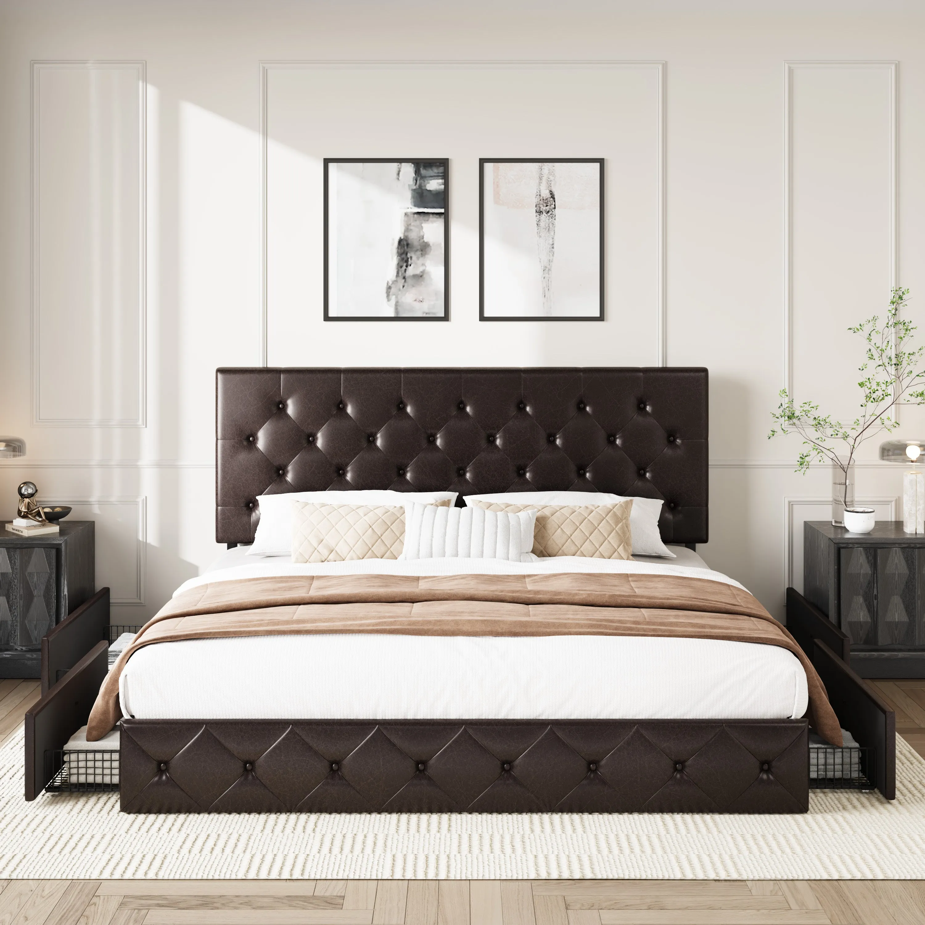 Faux Leather Platform Bed Frame with 4 Storage Drawers, Button Tufted Style Hedboard