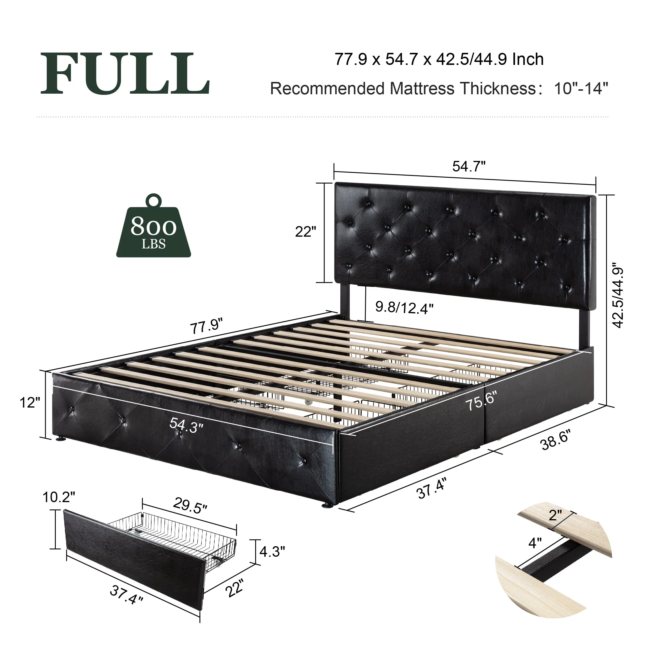 Faux Leather Platform Bed Frame with 4 Storage Drawers, Button Tufted Style Hedboard