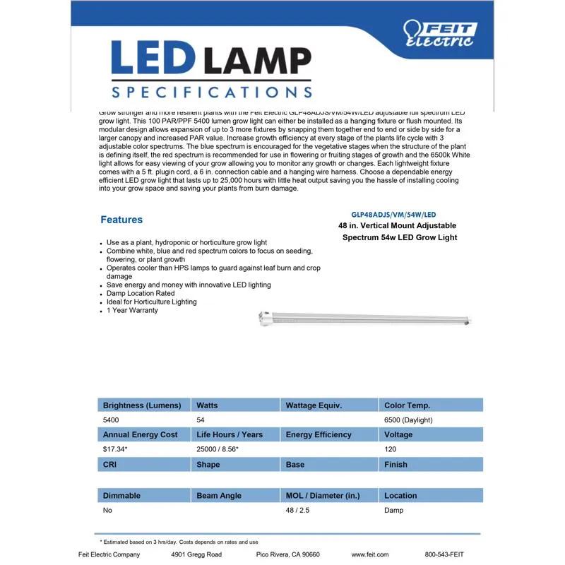 Feit Grow Fixtures Hydroponic Grow Light 54 W
