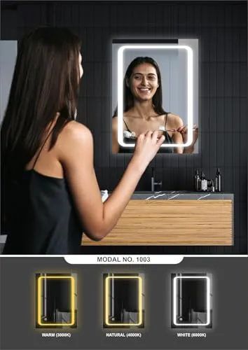 GWEN Squar LED Wall Mirror for Bathroom,Wash Basin Mirror 3 LED Lights (Warm,White,Natural White, Size 18 x 24 inch, Framed) (Square_5)