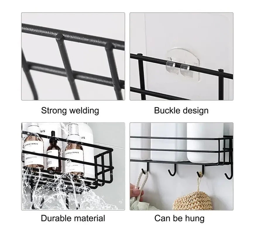 JIALTO Bathroom Stand Wall-Mounted Bathroom Accessories, Bathroom Shelf for Wall, Bathroom Organiser, Adhesive Washroom Organizer with Hooks, Black Bathroom Rack & Towel Holder Stand, Pack of 1