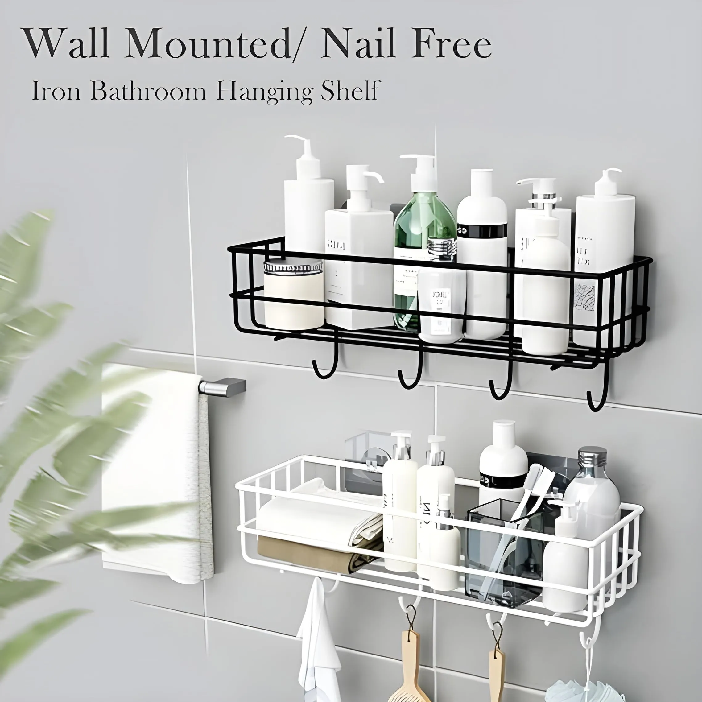 JIALTO Bathroom Stand Wall-Mounted Bathroom Accessories, Bathroom Shelf for Wall, Bathroom Organiser, Adhesive Washroom Organizer with Hooks, Black Bathroom Rack & Towel Holder Stand, Pack of 1