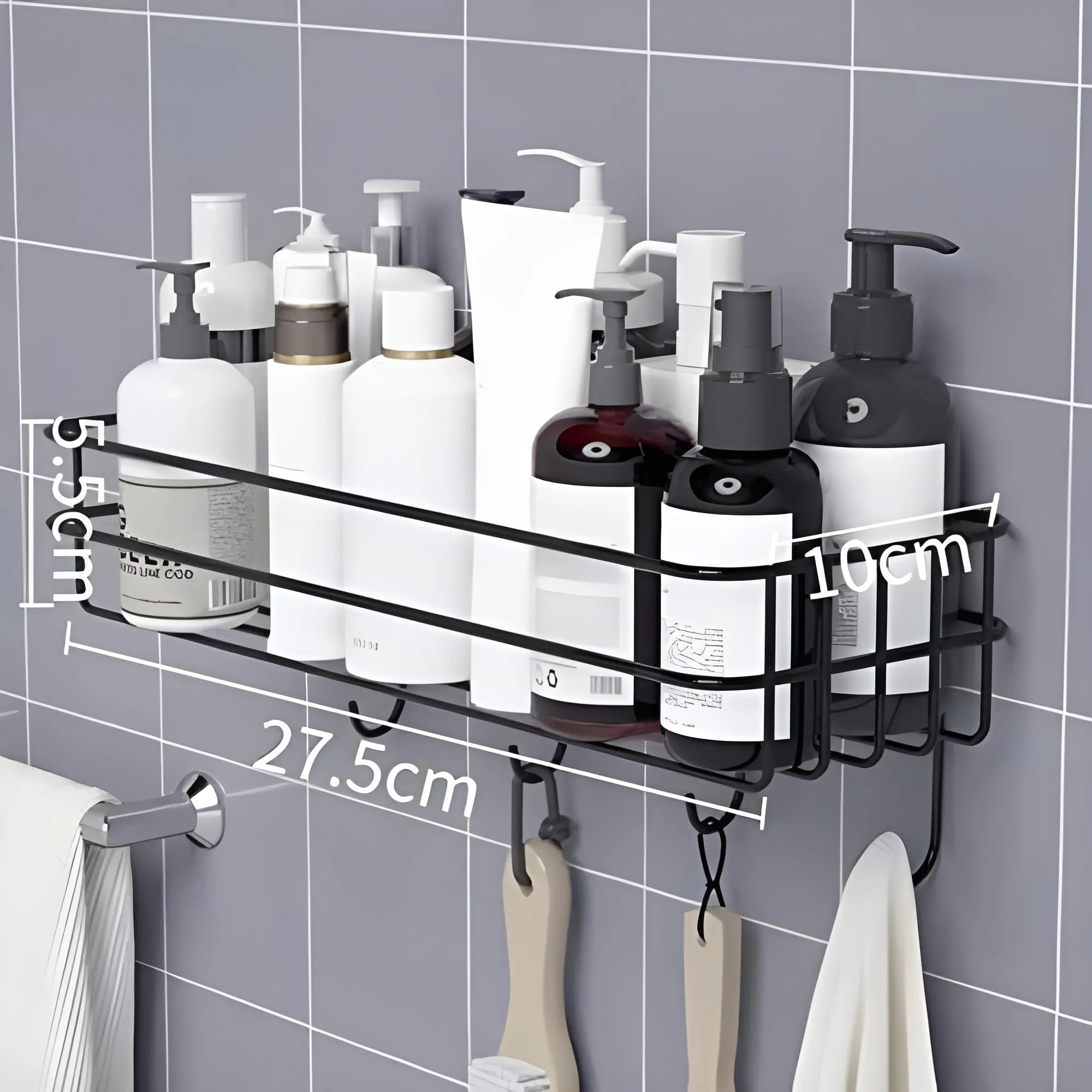 JIALTO Bathroom Stand Wall-Mounted Bathroom Accessories, Bathroom Shelf for Wall, Bathroom Organiser, Adhesive Washroom Organizer with Hooks, Black Bathroom Rack & Towel Holder Stand, Pack of 1